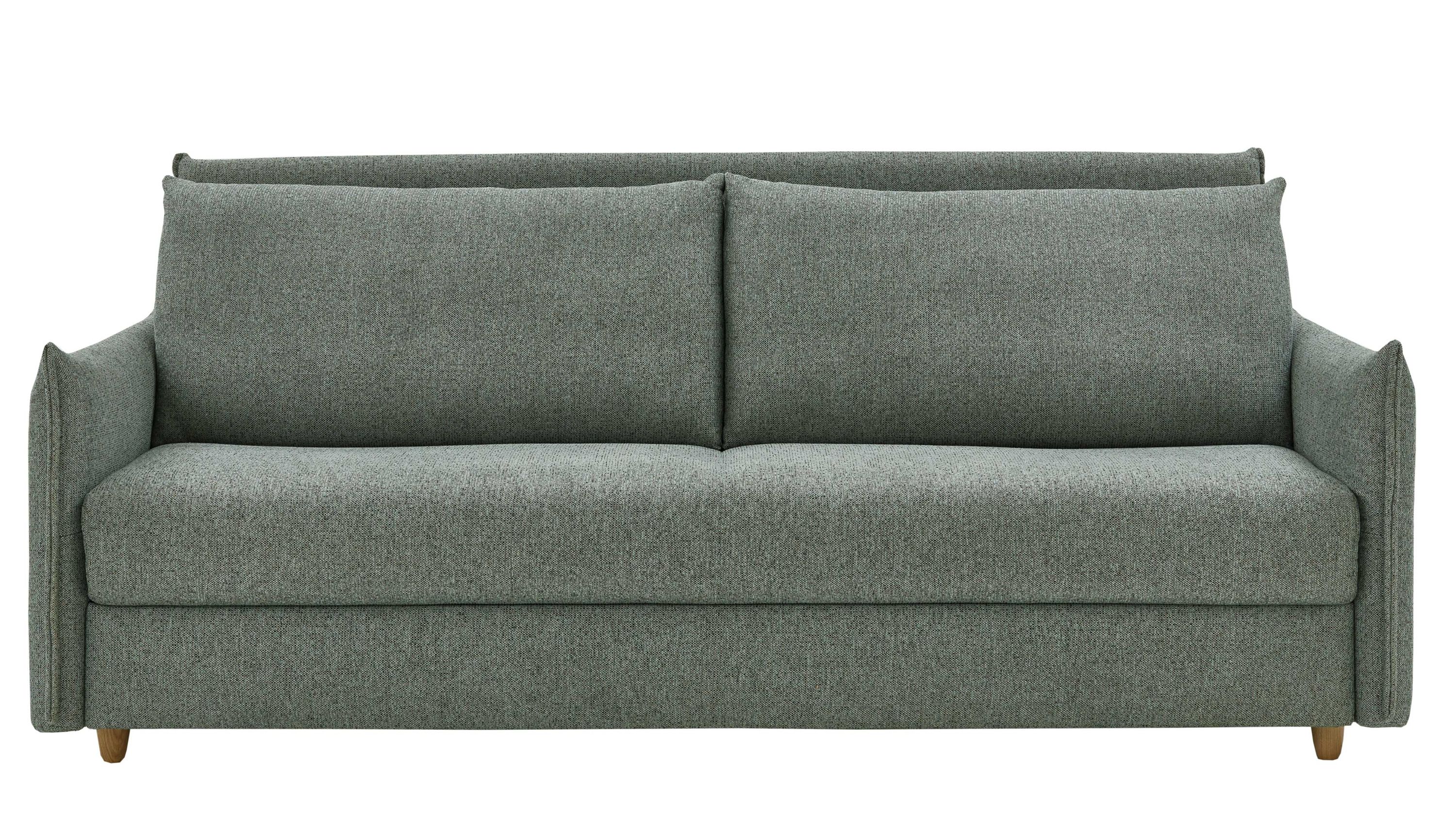 Schlafsofa mit grünem Stoffbezug zwei Rückenlehnenkissen und Holzfüßen