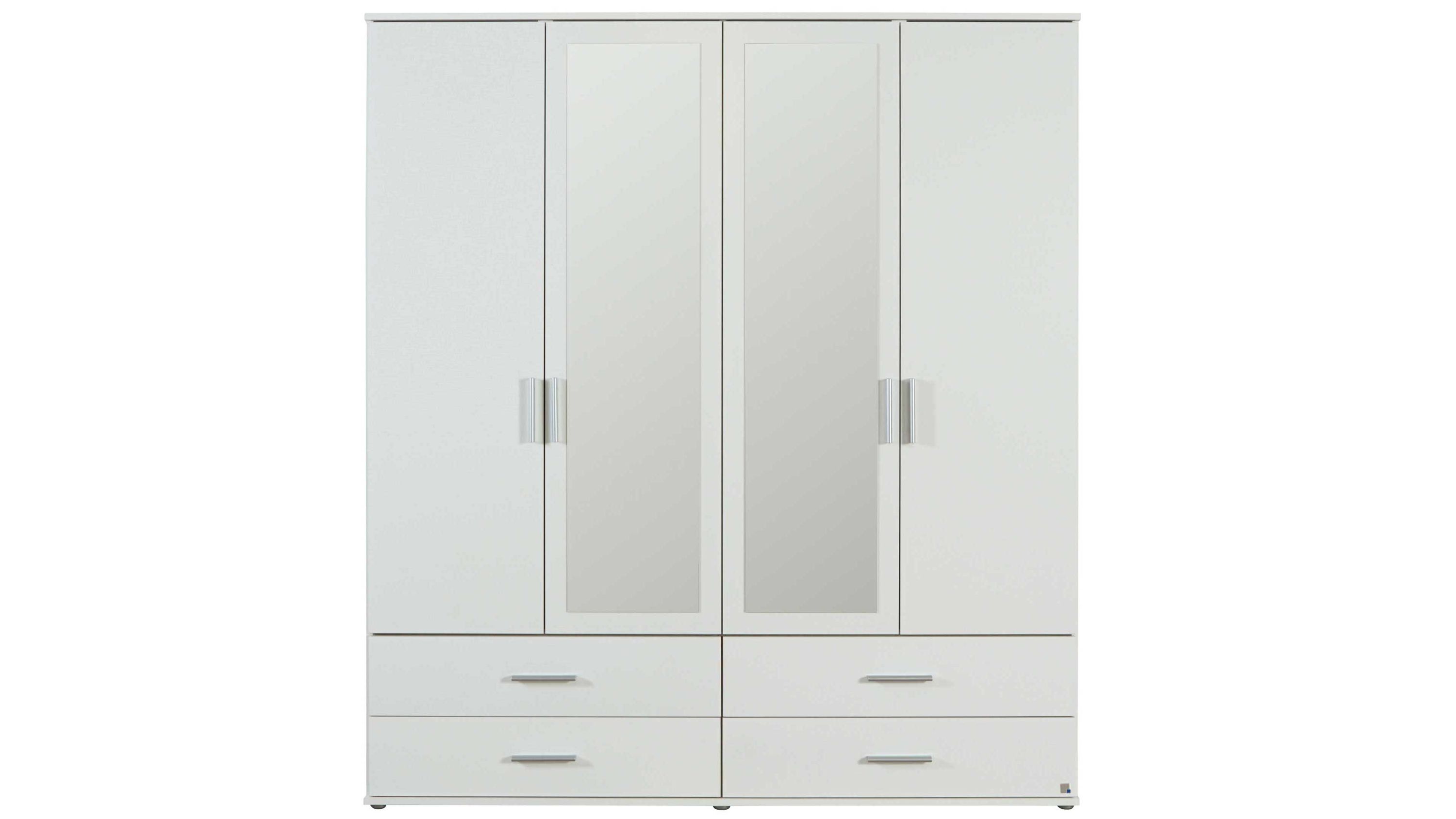 Weißer Kleiderschrank mit Spiegeln und Schubladen Weißer Kleiderschrank mit vier Türen zwei mittleren Türen mit Spiegeln und vier Schubladen unten