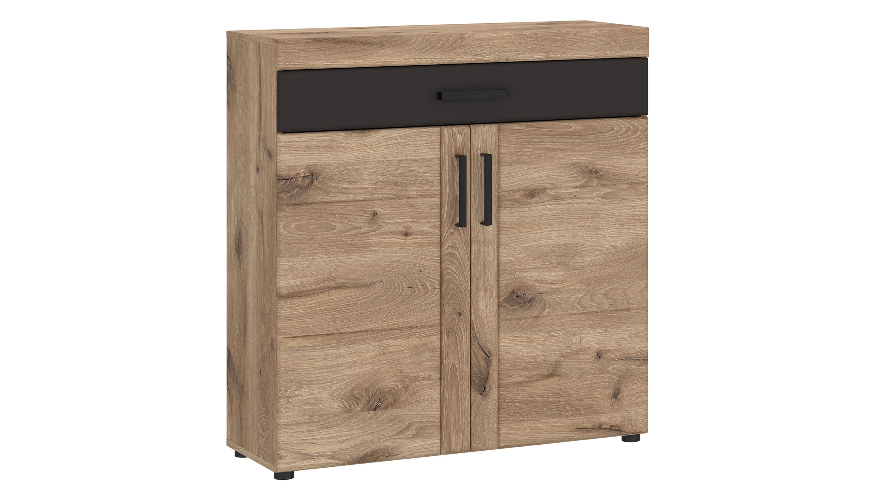 Kommode mit zwei Türen und Schublade in Holzoptik und Schwarz Kommode mit zwei Türen und einer Schublade in Holzoptik und schwarzer Front