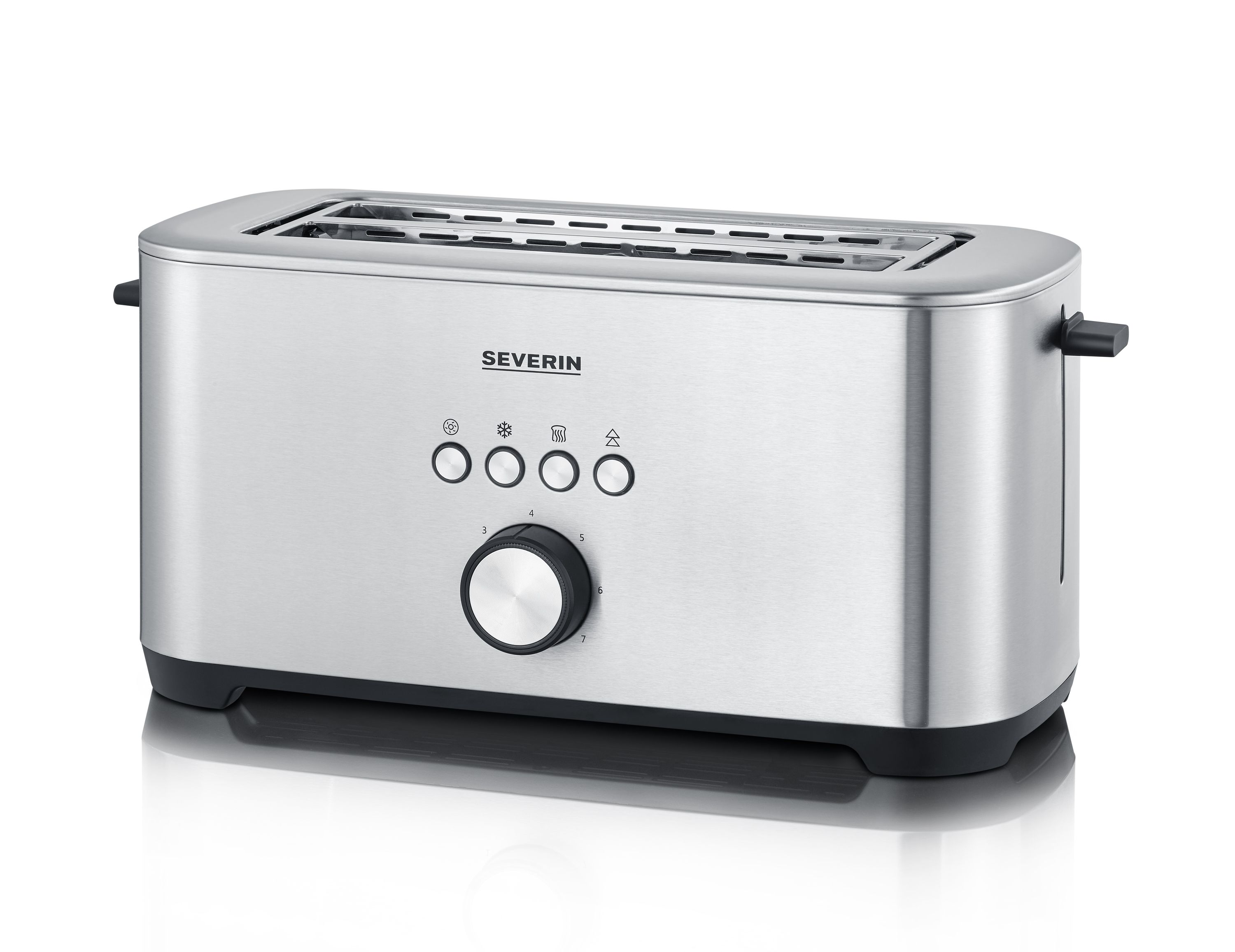 Edelstahl-Langschlitztoaster für vier Scheiben mit Bagel-Funktion Tasten und Temperaturregler leicht schräg von rechts