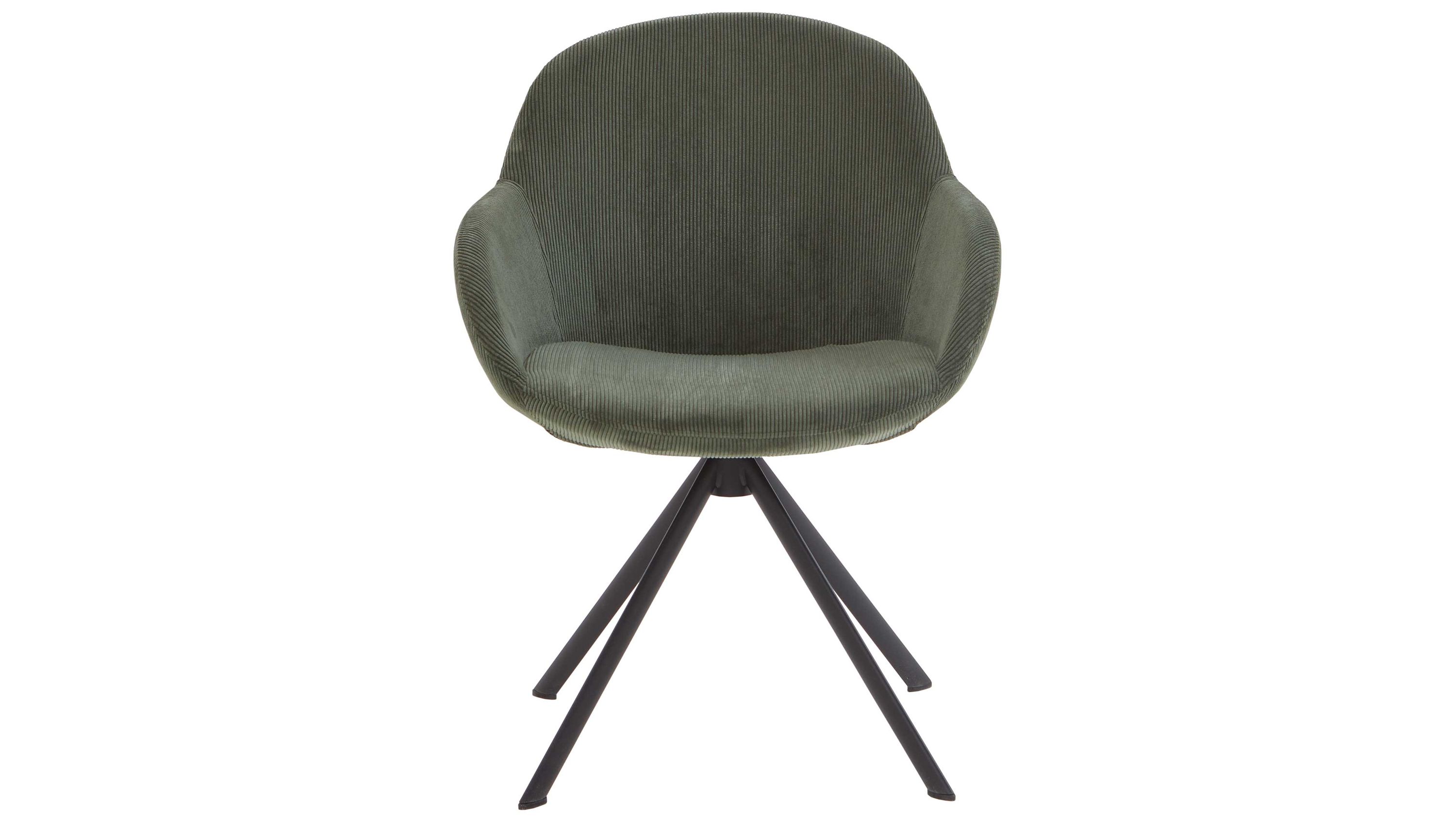 Grüner Armlehnstuhl mit schwarzem Metallgestell Grüner Armlehnstuhl mit gepolstertem Sitz und Rückenlehne schwarzes vierbeiniges Gestell aus Metall