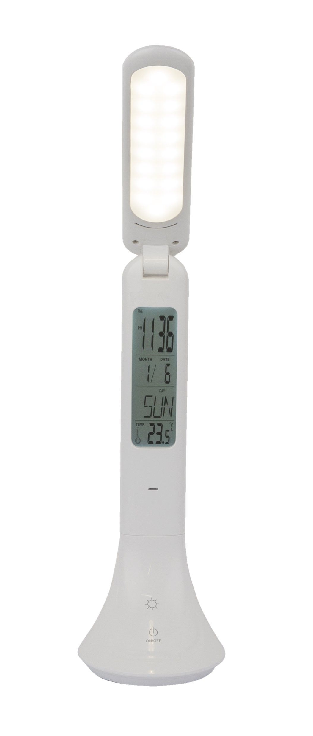 Moderne LED-Tischleuchte in Weiß mit gebogenem Kunststoffgehäuse Display mit Uhr- und Alarmanzeige frontal