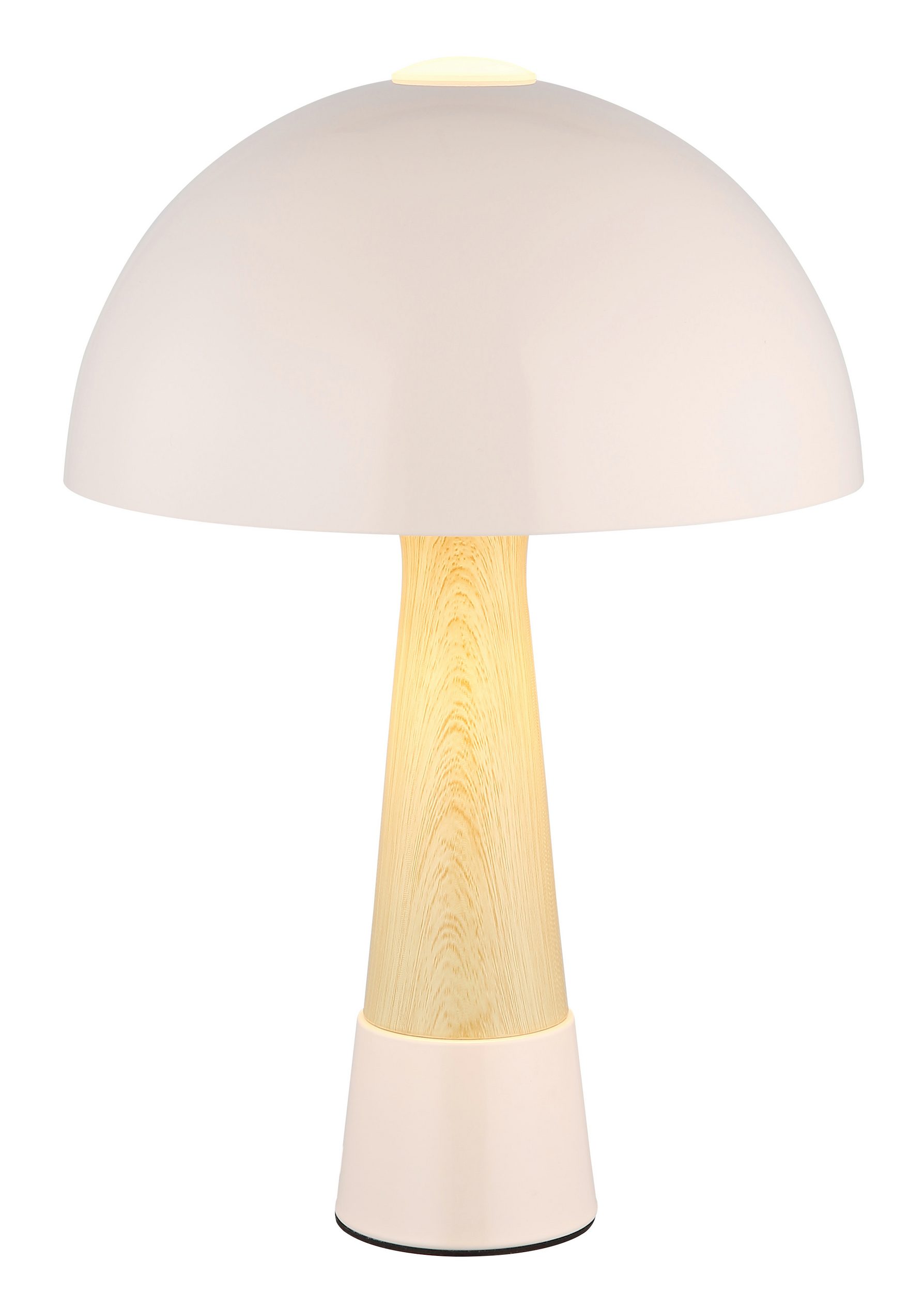 Retro-Tischleuchte mit beigem Schirm und zylindrischem Holzfuß Tischleuchte Retro-Stil kuppelförmiger beiger Schirm zylindrischer Fuß Holzoptik leicht nach oben verjüngt