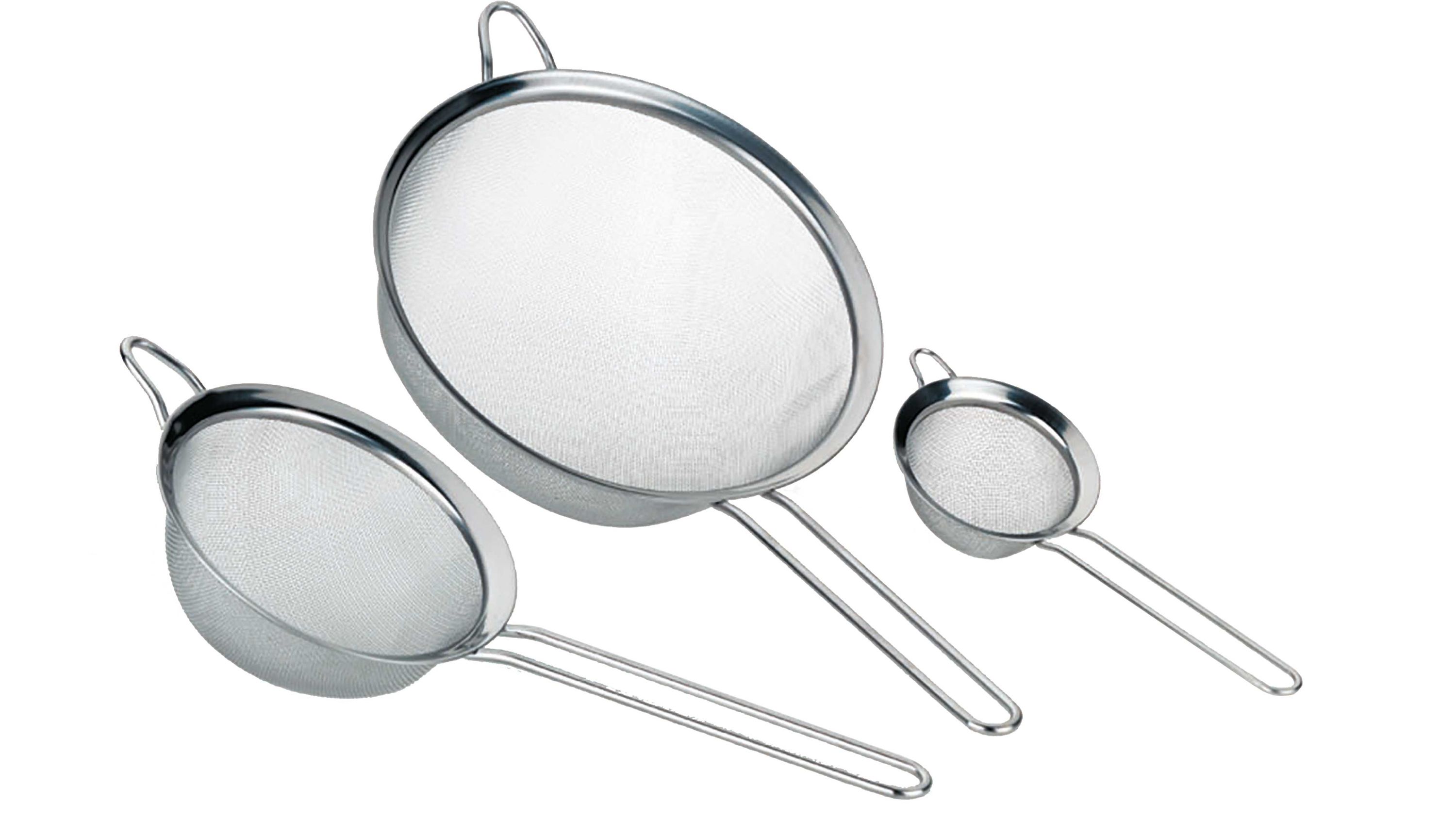 Dreiteiliges Küchensieb-Set aus feinmaschigem Metall in verschiedenen Größen mit Griffen