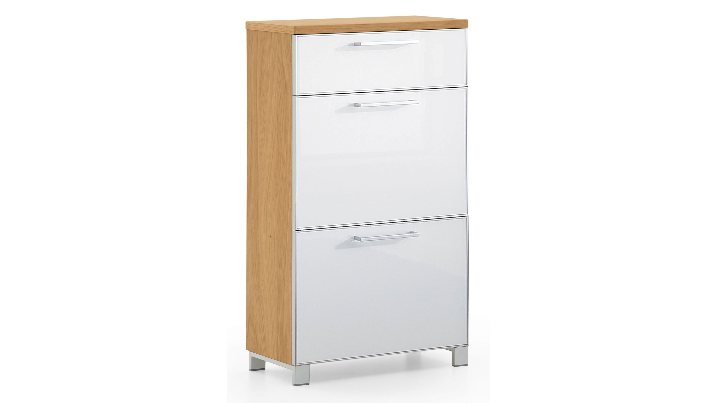 Schuhschrank mit weißen Klappen und Holzoptik Schuhschrank mit rechteckiger Form drei weiße Klappen und eine Schublade Korpus in Holzoptik