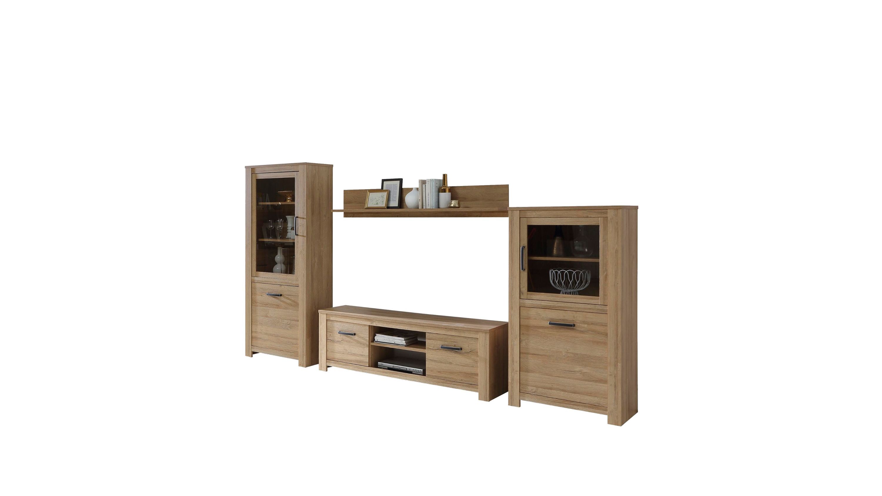 Vierteilige Wohnkombination in holzfarbener Optik Vierteilige Wohnkombination mit zwei Vitrinen einem Lowboard und einem Wandregal in holzfarbener Oberfläche
