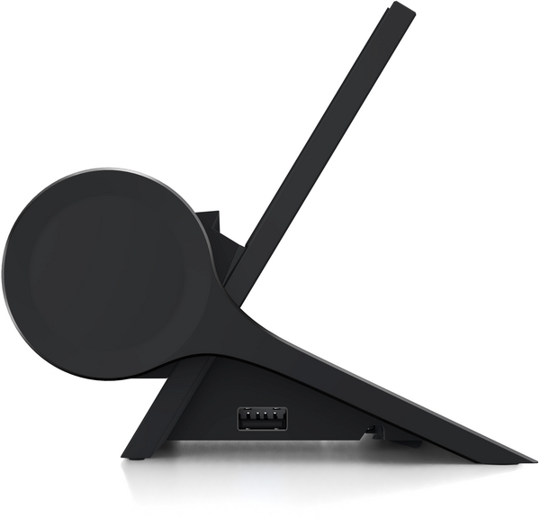 Schwarzes Smart-Dock mit zylindrischem Basismodul und schräger Displayhalterung, minimalistische Konstruktion, seitlich fotografiert