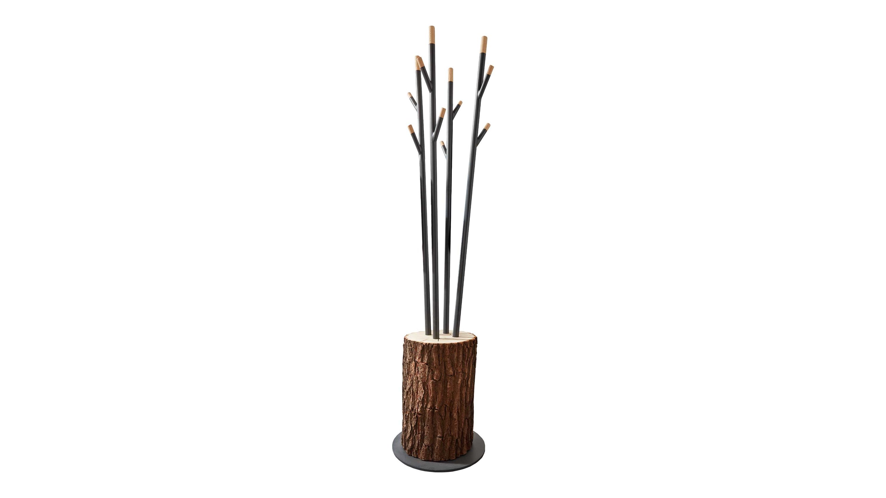 Garderobenbaum mit braunem Rindenholzstamm und anthrazitfarbenen Metallstangen mit Holzenden