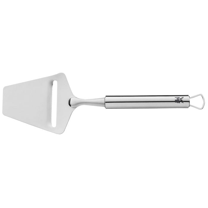 WMF Profi Plus Käsehobel  24 cm  Cromargan Edelstahl  Küchenschneider & Reibe Draufsicht eines silberfarbenen Käsehobels aus Edelstahl mit flacher Klinge und Griff mit Aufhängeöse