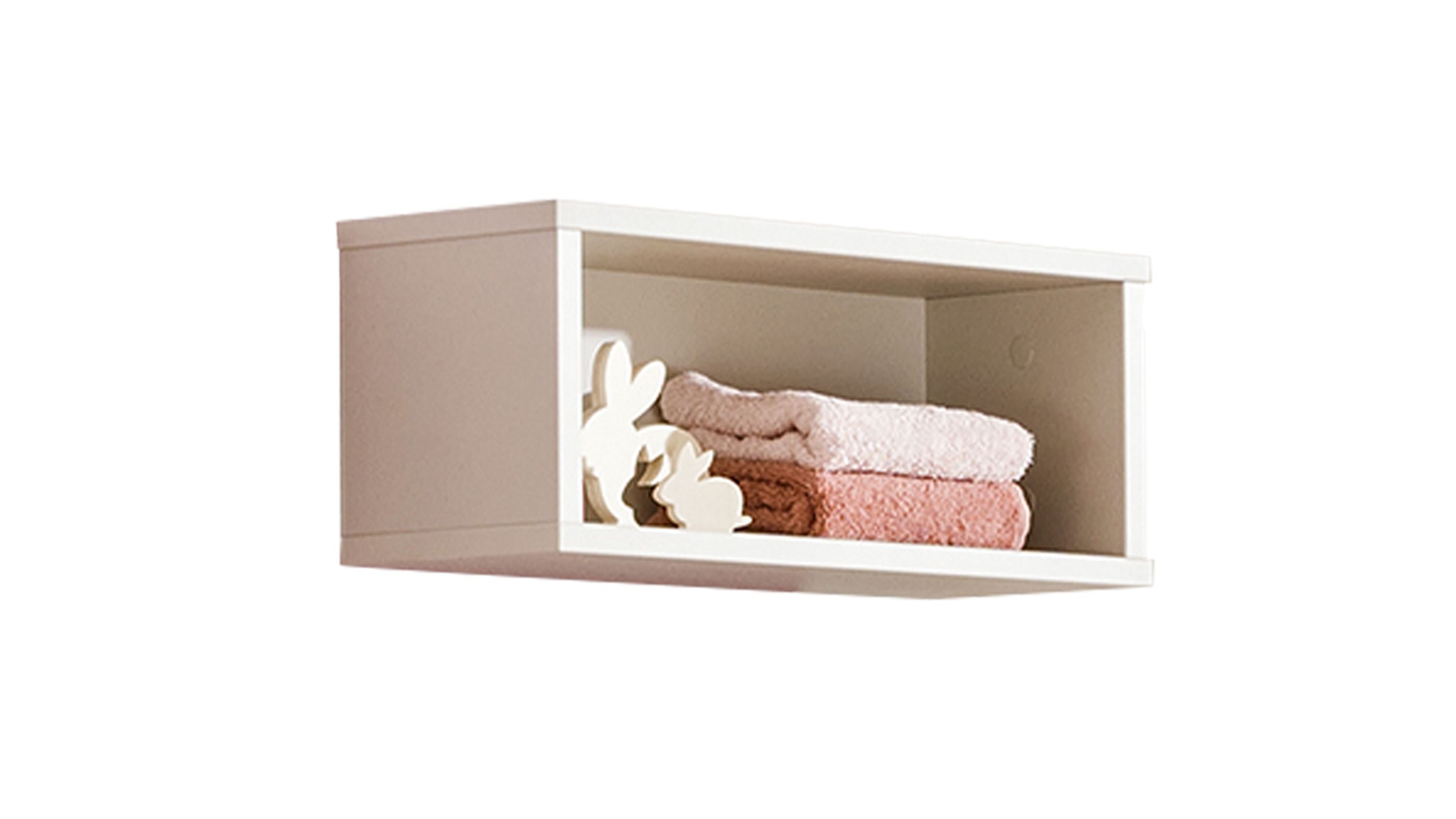 Rechteckige Wandbox in beige mit zwei gefalteten Handtüchern und zwei Hasenfiguren