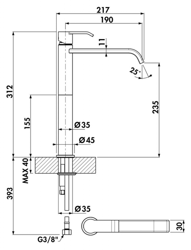 Technische Zeichnung Wasserhahn H 312?mm  Ausladung 190?mm  Auslaufhöhe 263?mm  Bohrung Ø35?mm  Naber Stile 2 Silber