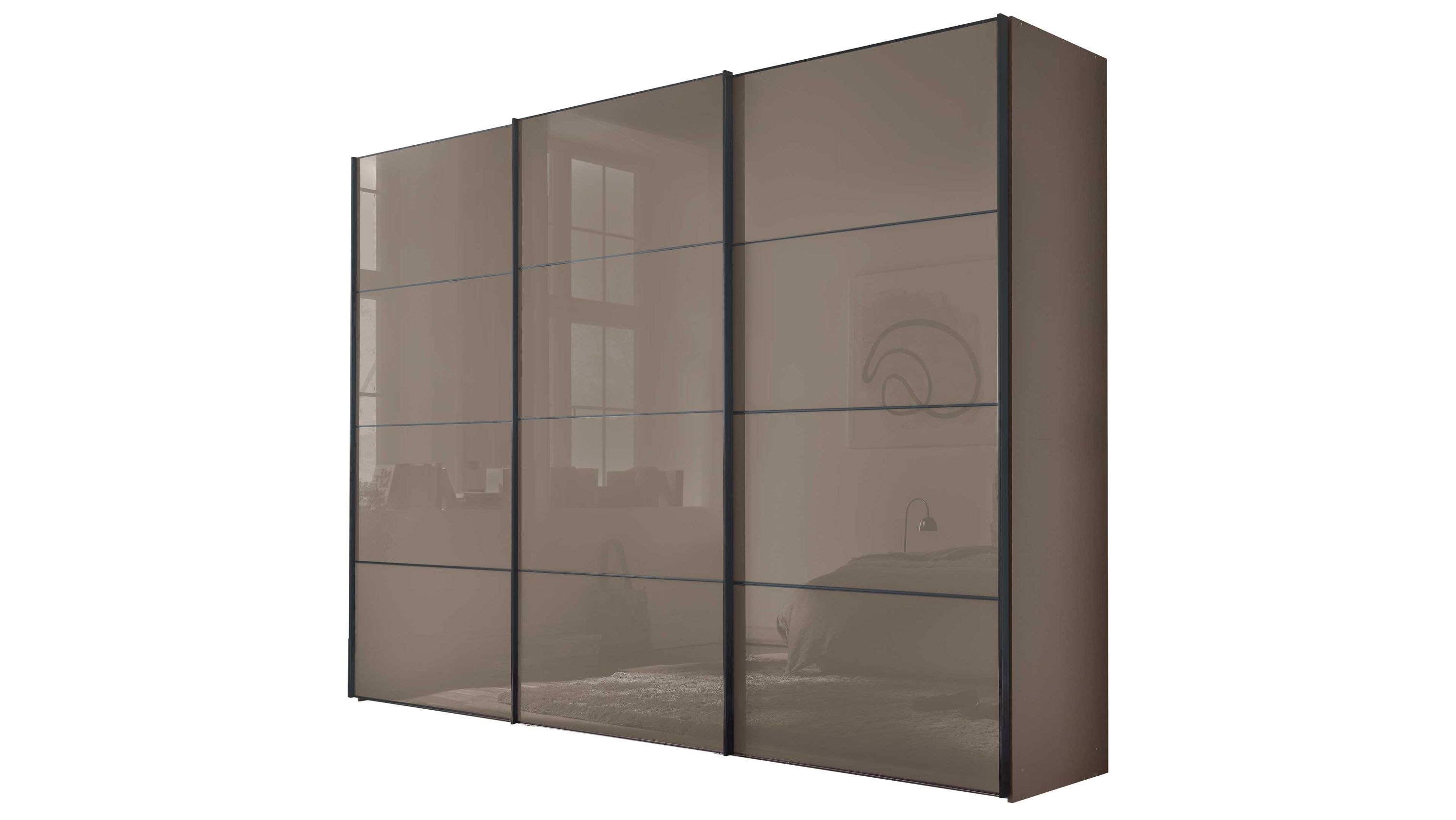Dreiteiliger Schwebetürenschrank mit braunem Glas und dunklem Rahmen