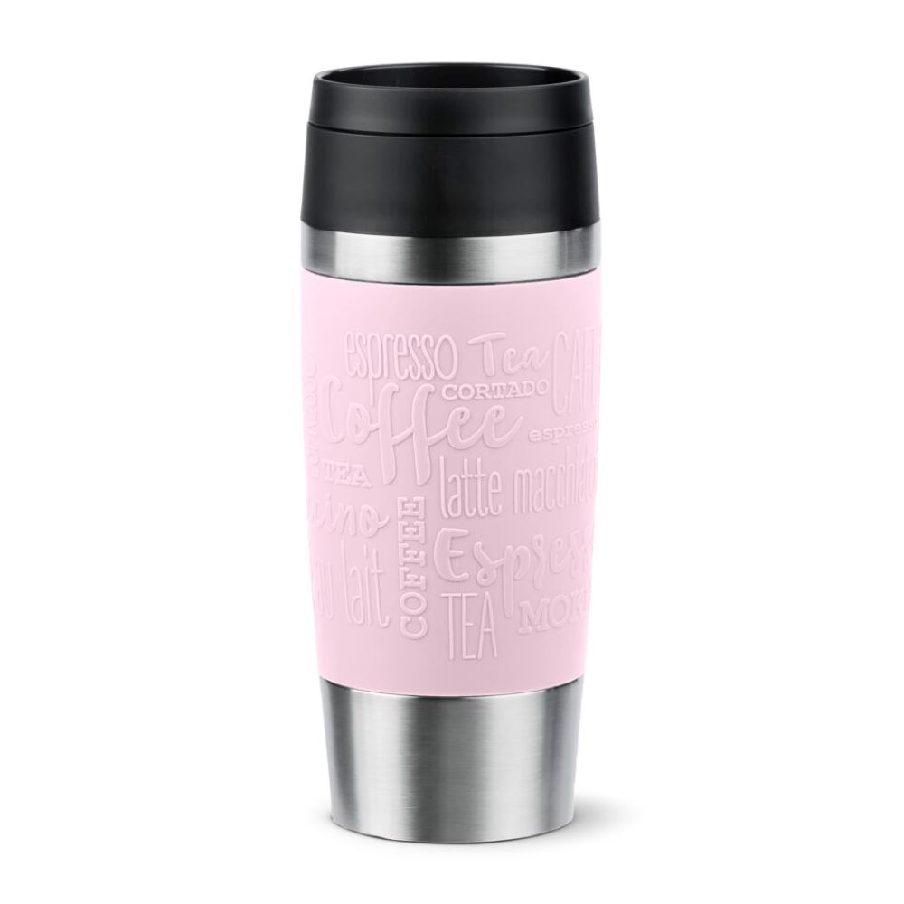 Pastelrosaner Thermobecher mit Kaffeeprägungen stilvoller Becher mit rutschfester Struktur Frontalansicht eines Pastelrosanem Thermobechers mit Kaffeeprägungen und schwarzem Deckel auf Augenhöhe