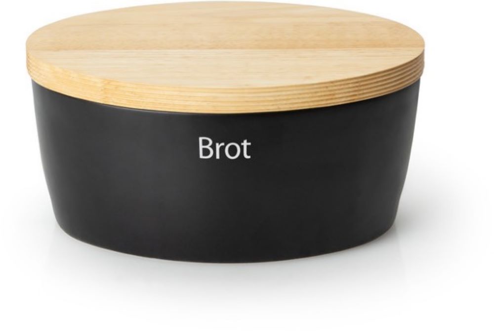 Eleganter schwarzer Brottopf in ovaler Form mit Holzdeckel und weißer Schrift Brot