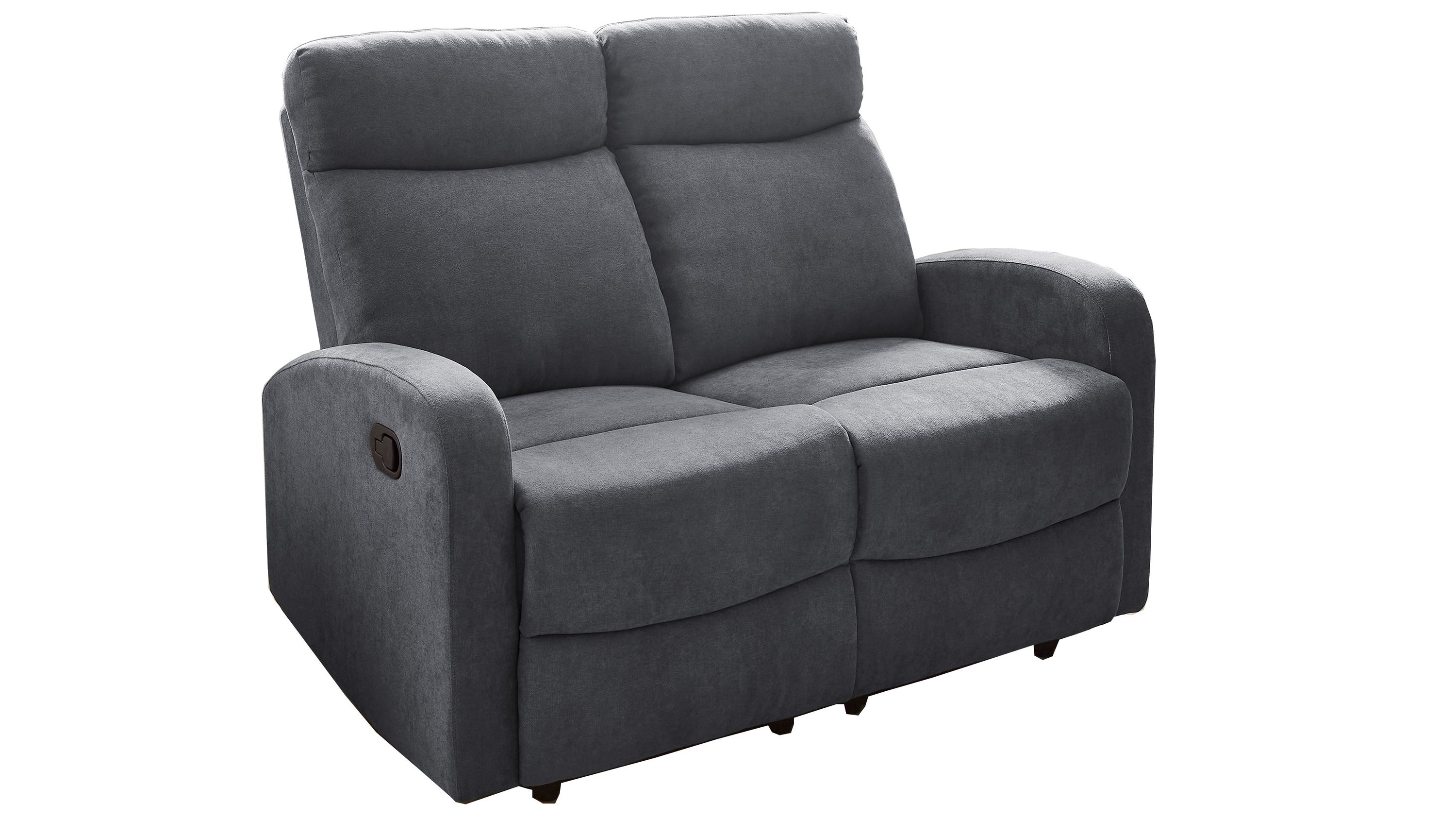 Zweisitziges Sofa mit graublauem Stoffbezug und schwarzen Füßen
