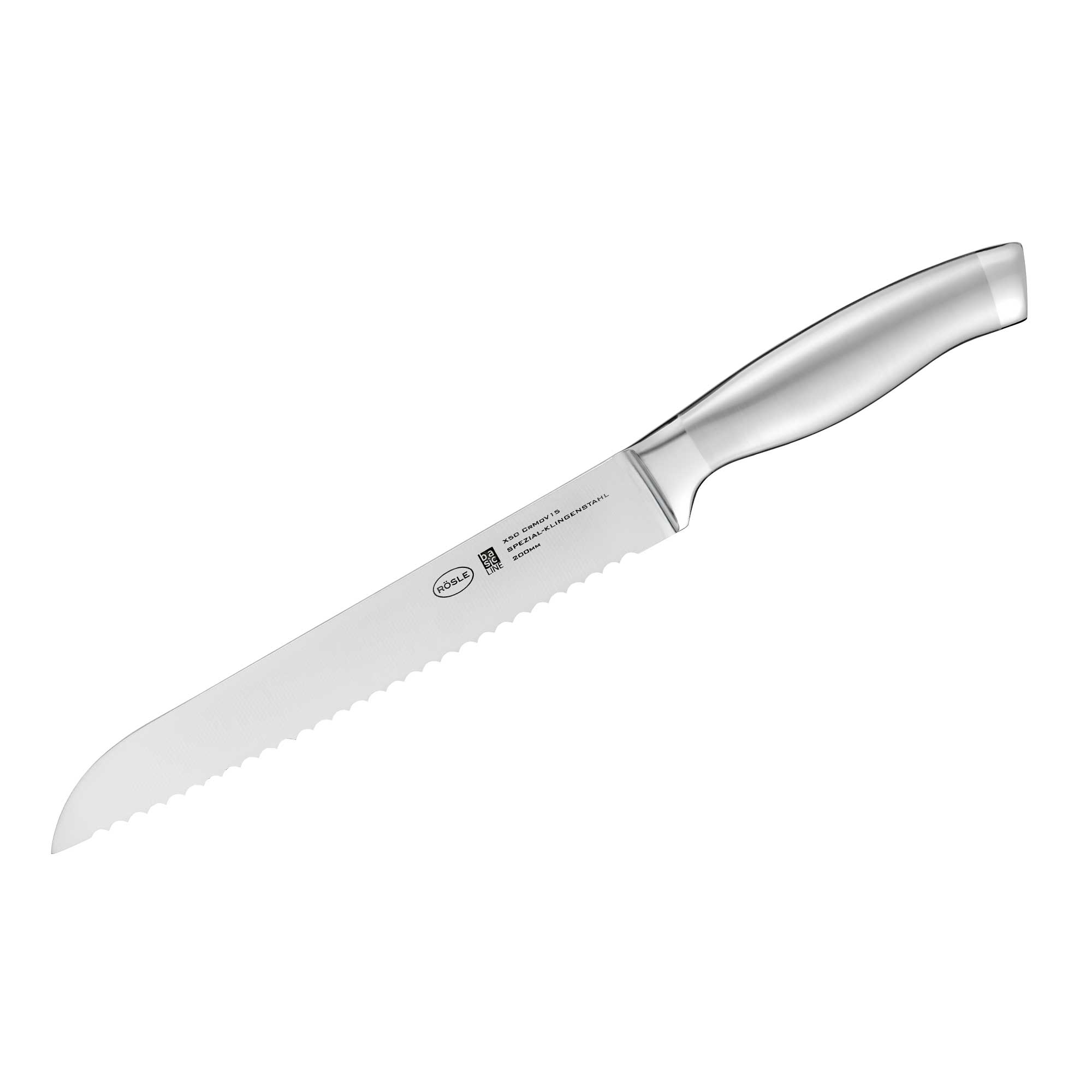 Brotmesser aus Edelstahl in Silber aus der Basic Line Serie mit mittelspitzer Klinge  aufgenommen frontal