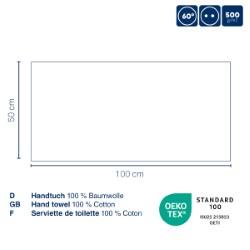 Rechteckiges weißes Handtuch mit Textinformationen und Pflegehinweisen in drei Sprachen.