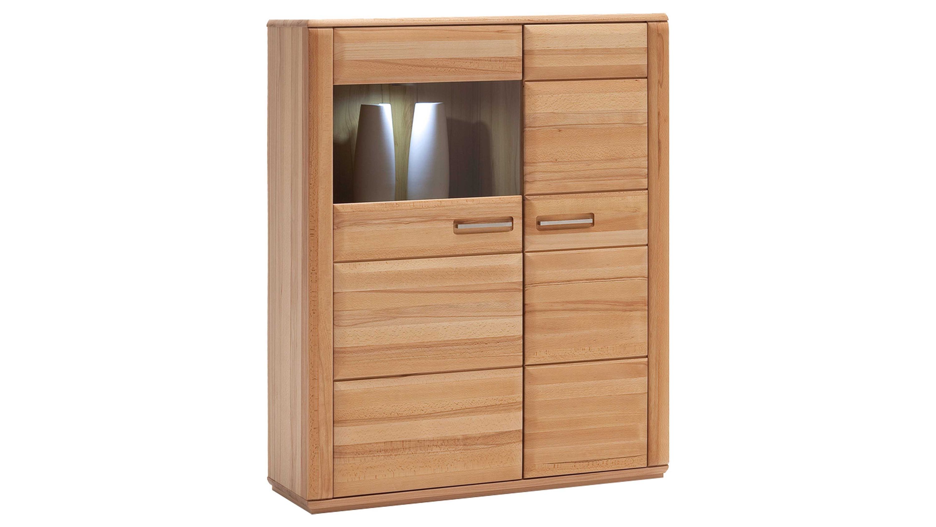 Hoher Wohnzimmerschrank mit zwei Türen und Glaseinsatz in hellbrauner Holzoptik
