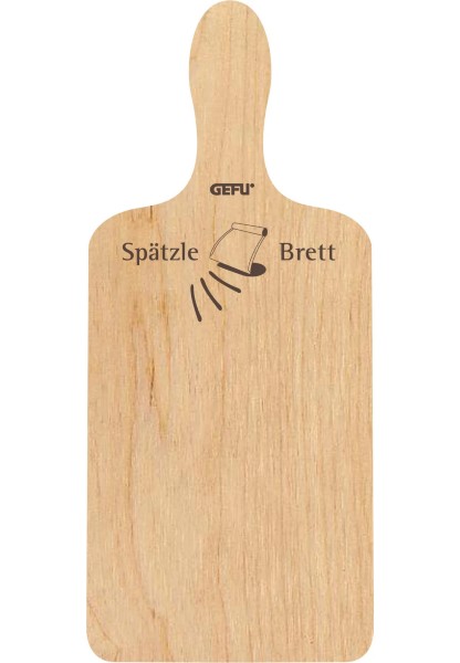 Von oben fotografiertes Holzbrett mit Griff, Aufschrift „Spätzle Brett“ und kleiner Reibe-Illustration