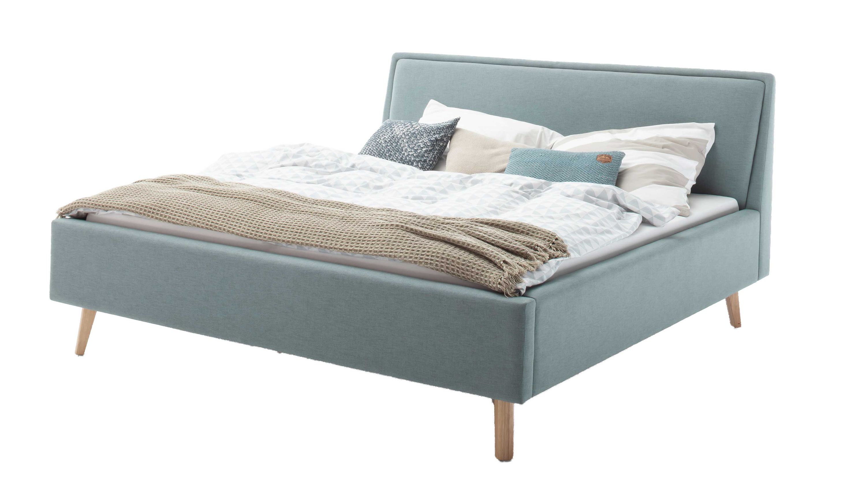 Polsterbett mit rechteckigem Kopfteil und eisblauem Bezug eichefarbene Holzfüße