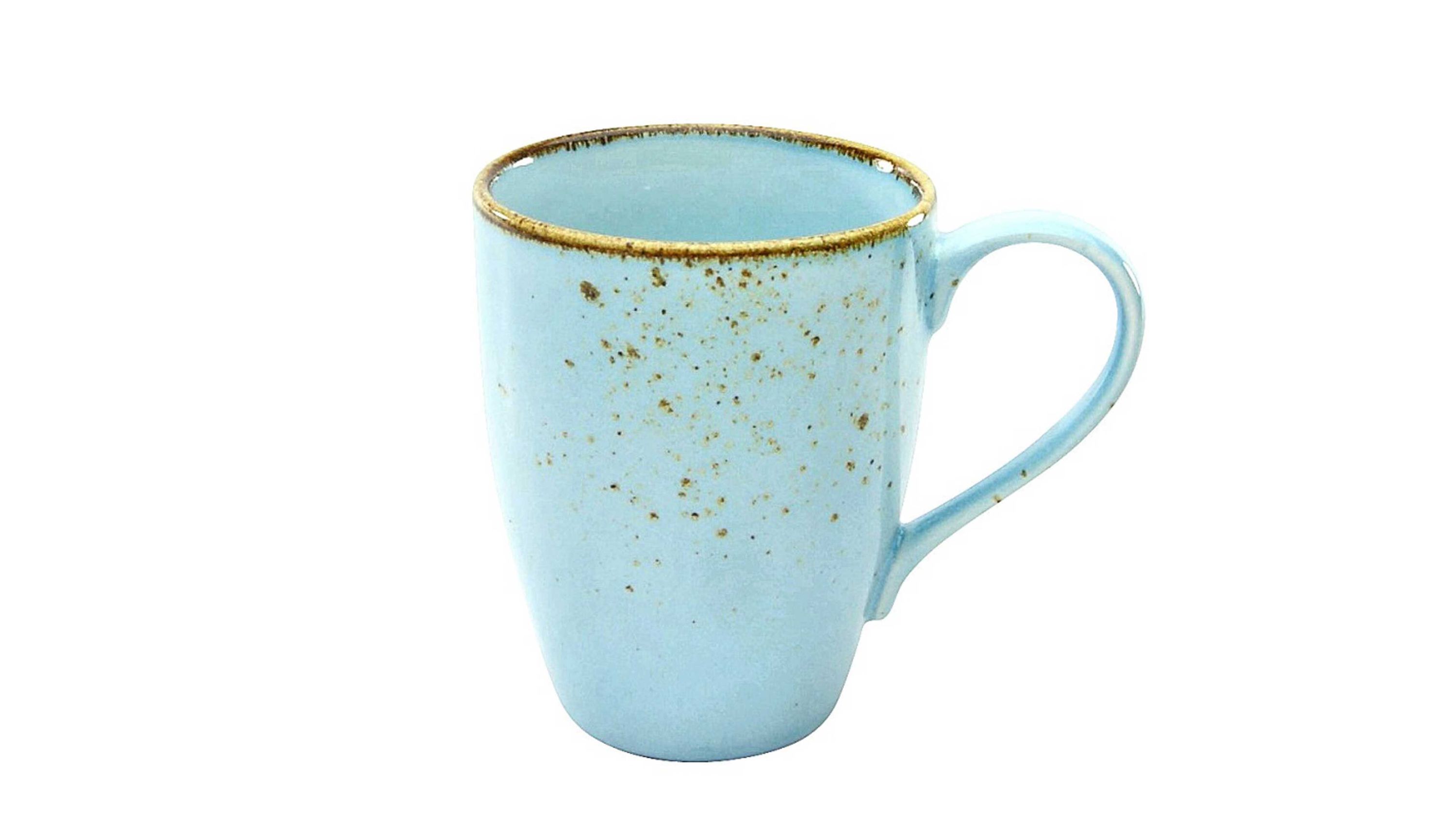 Kaffeebecher aus wasserblauem Steinzeug mit braunem Rand und Henkel