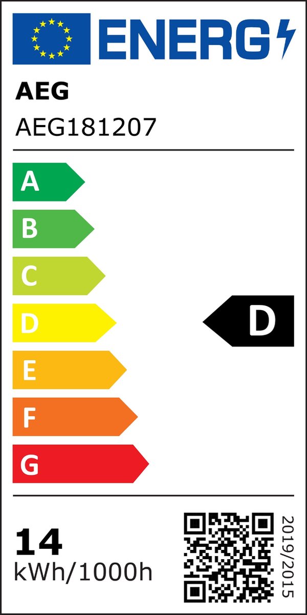 Energieeffizienzlabel mit EU-Logo AEG Modell AEG181207 Skala AG (Markierung D) 14 kWh/1000h QR-Code
