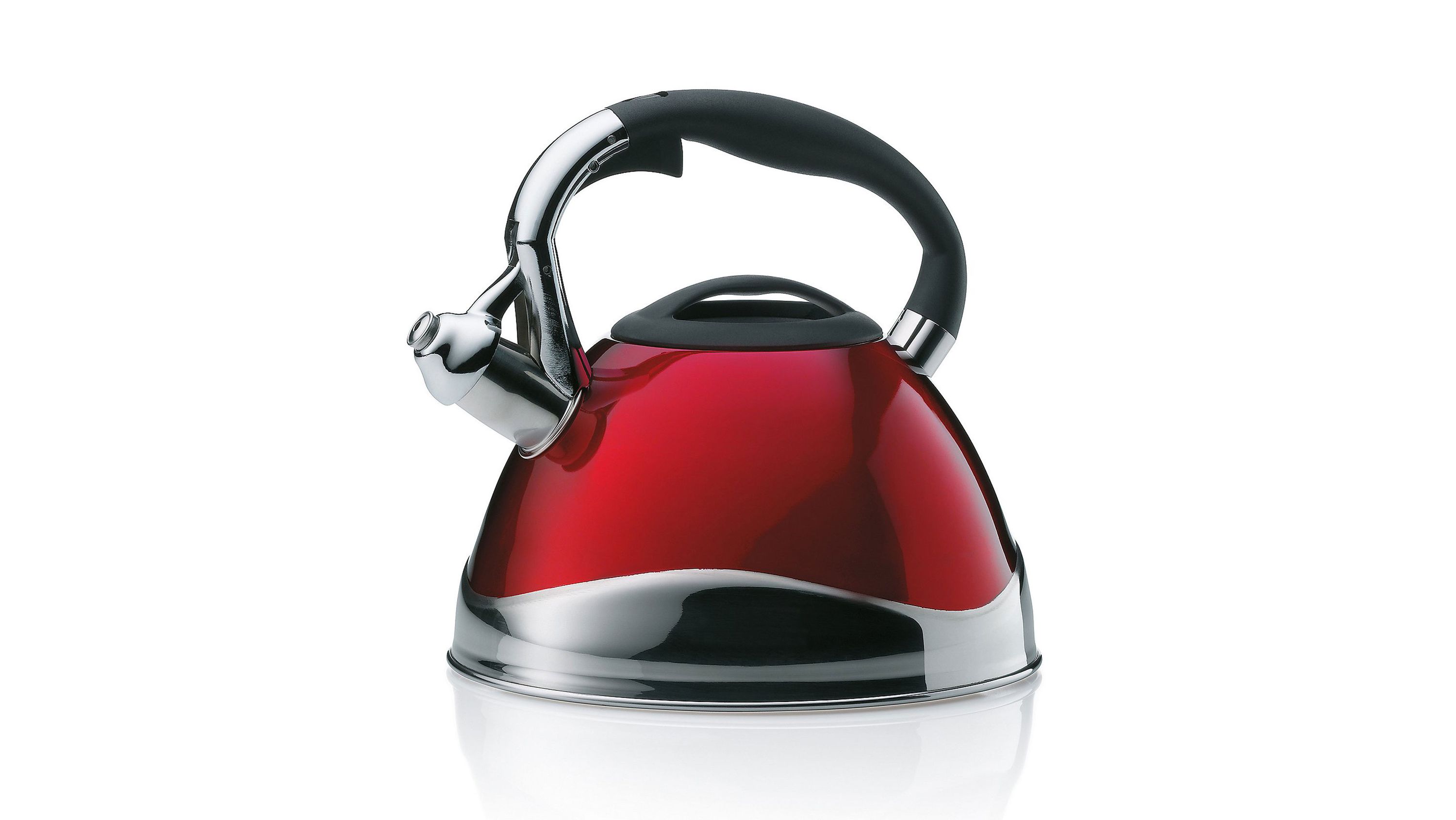Wasserkessel mit rundem Körper in rot und schwarzem Griff mit silbernen Details