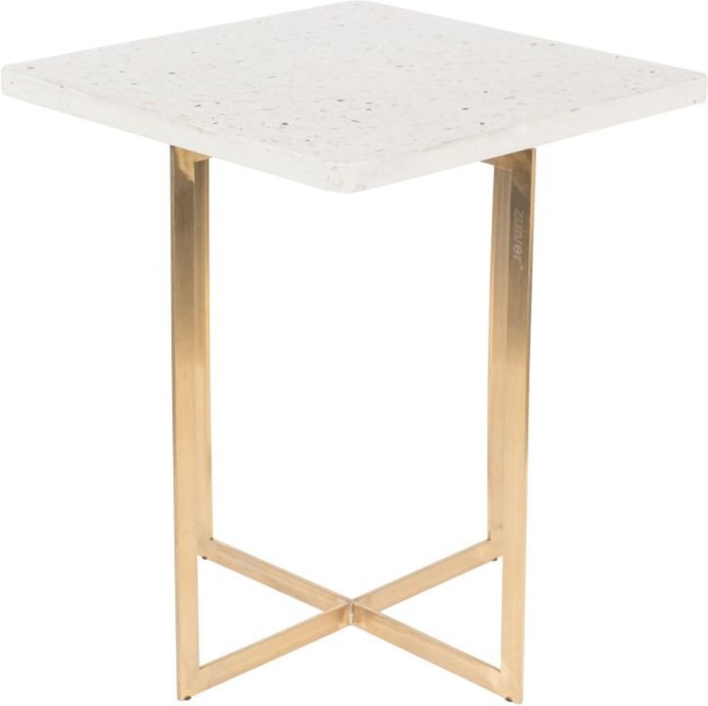 Moderner quadratischer Tisch mit goldenen X-Beinen Kleiner quadratischer Tisch mit weißer Platte und goldenen Beinen, die sich am Boden kreuzförmig verbinden.