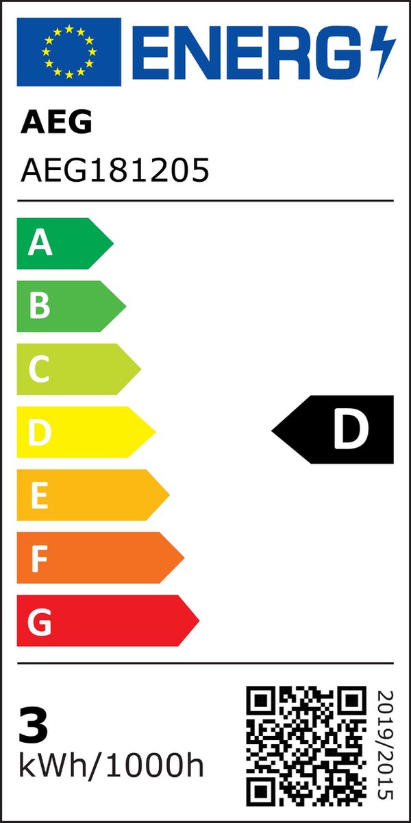 Energieeffizienzlabel für Brilliant AG Deckenleuchte AEG181205  Skala AG Markierung D 3?kWh/1000h QR-Code sichtbar