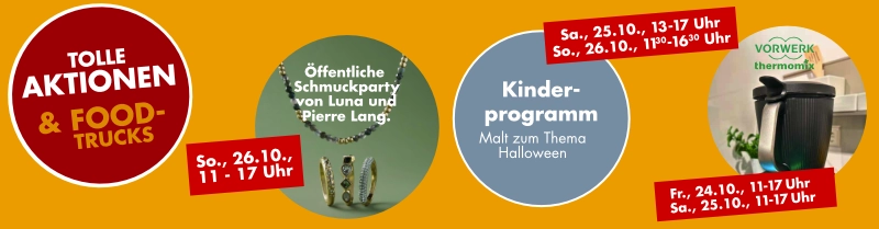 Werbebanner mit Hinweis auf Aktionen, Foodtrucks, Showcooking und Kinderprogramm auf orangefarbenem Hintergrund. Werbebanner mit Hinweis auf Aktionen, Foodtrucks, Showcooking und Kinderprogramm auf orangefarbenem Hintergrund.