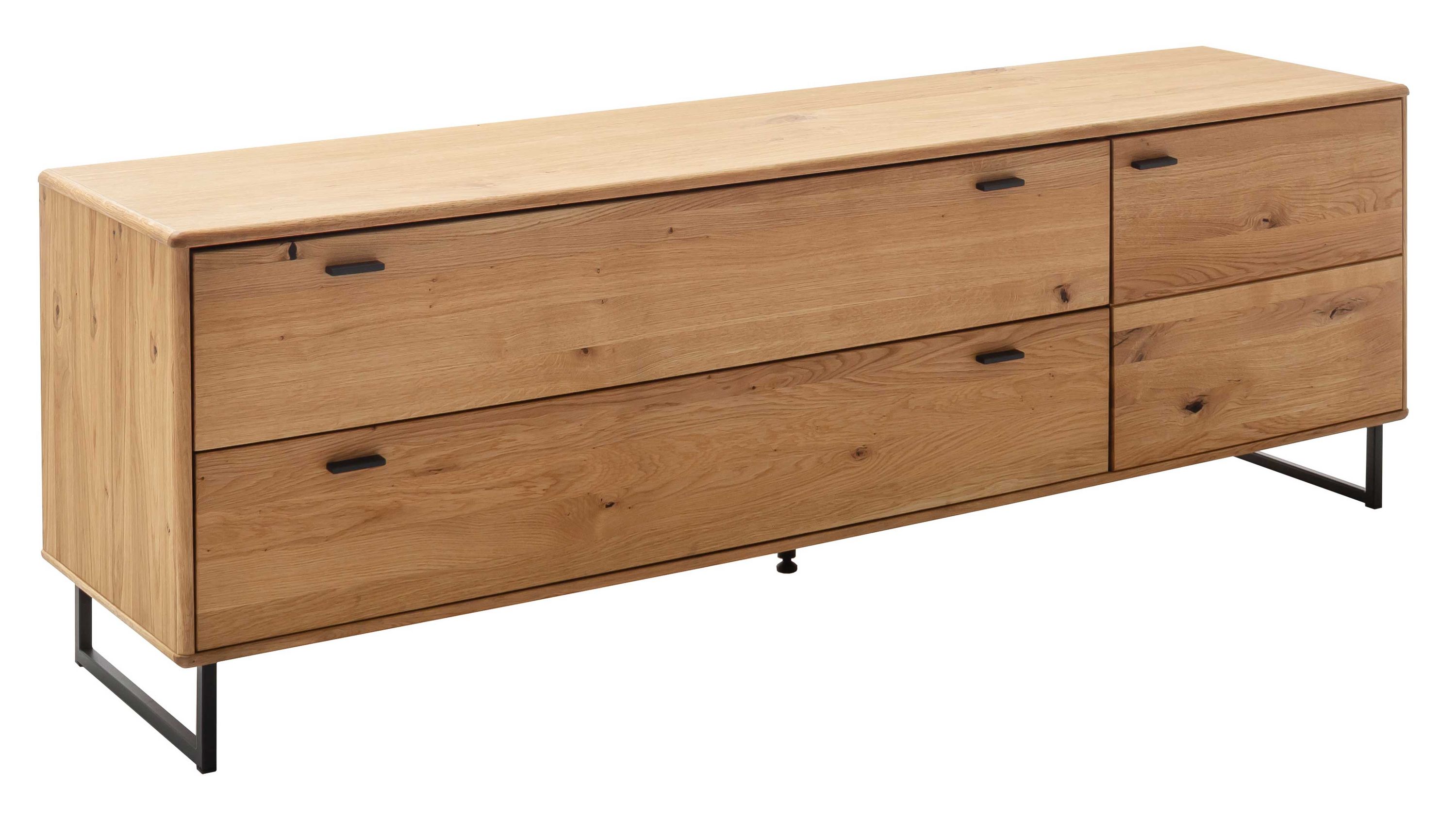 TV-Element mit Schubladen und Tür in Holzoptik TV-Element aus Holz mit zwei Schubladen und einer Tür auf schwarzen Metallbeinen