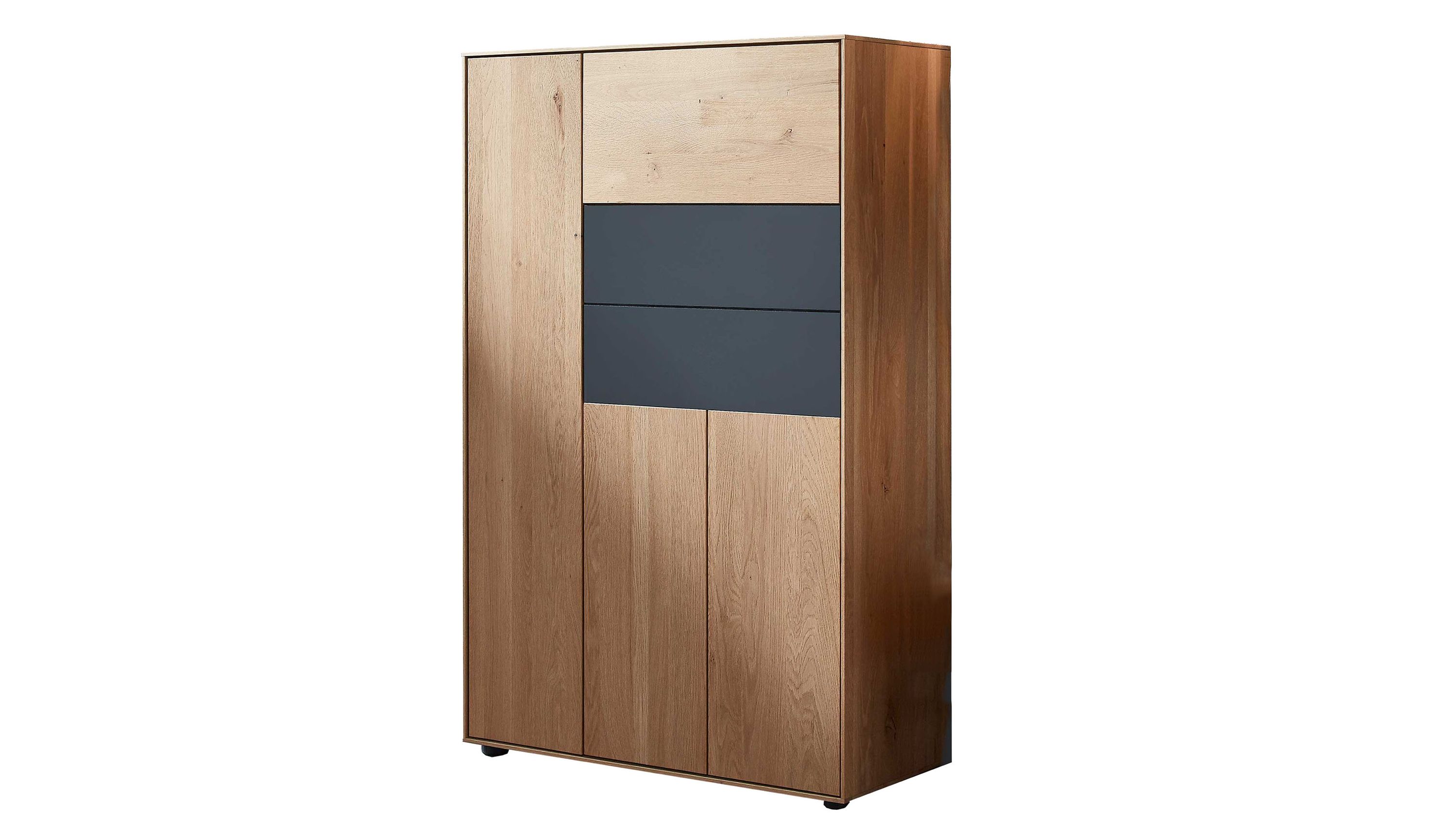 Stauraumschrank mit einer Tür und farbigen Frontflächen Stauraumschrank mit einer Tür rechts Front mit hellen und dunklen rechteckigen Flächen Korpus in Holzoptik