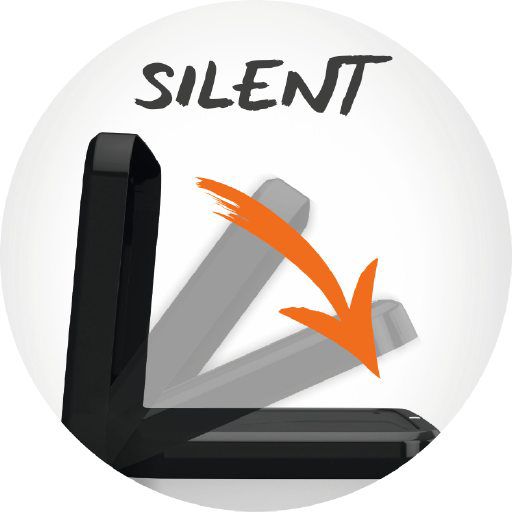 Grafik zeigt einen schwarzen Deckel der leise geschlossen wird mit einem orangefarbenen Pfeil