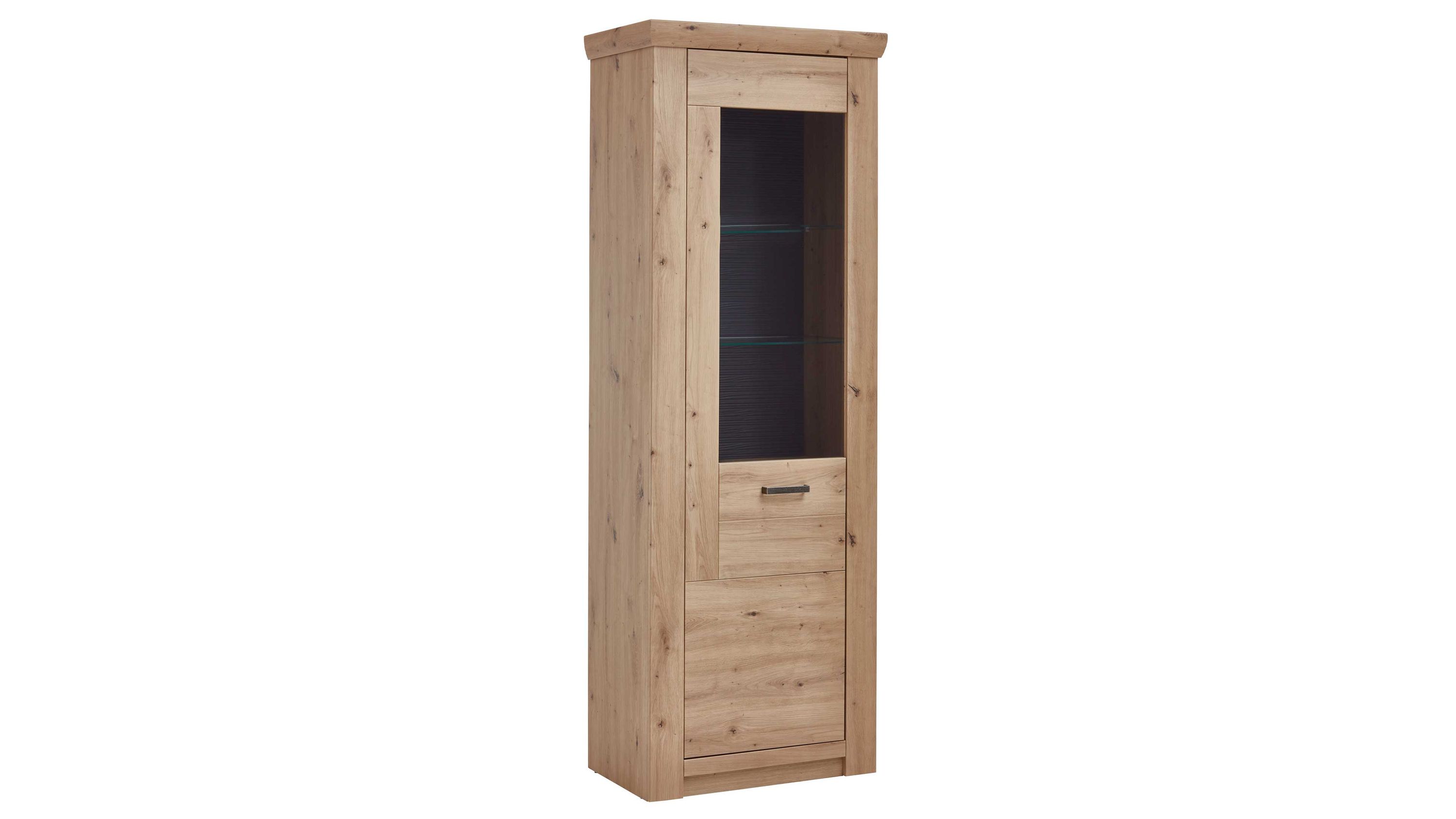Hohe Vitrine mit Holzoptik und Glastür Hohe Vitrine mit einer Tür aus Holzoptik und Glasfront innen zwei Glasböden Rückwand dunkel