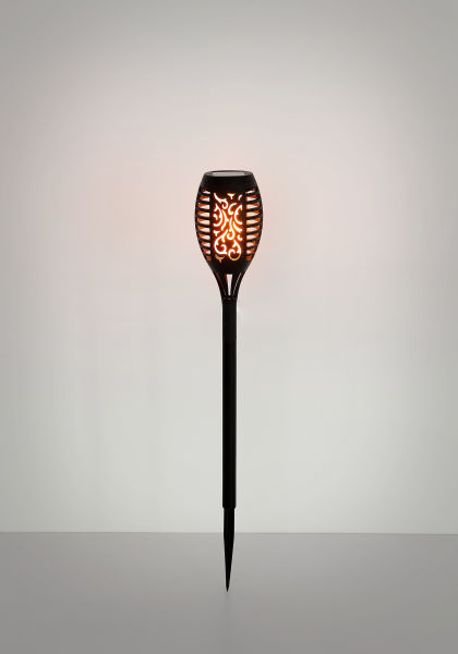 Zylindrische Solarlampe mit gewölbtem Leuchtkopf frontal aufgenommen warmes Licht strahlt nach unten glänzend