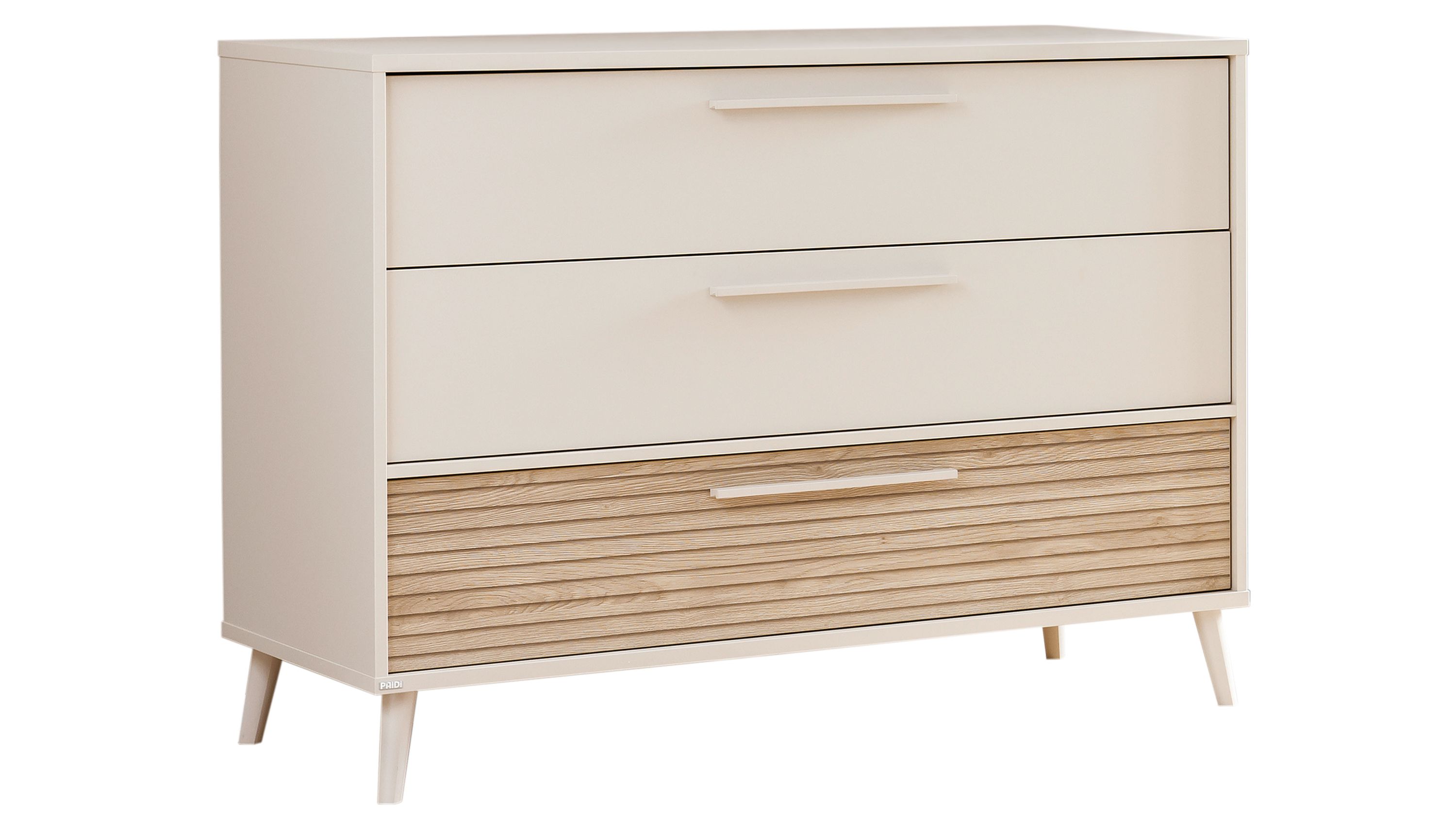Schubladenkommode mit drei Schubladen in beige und hellbraun mit geriffelter Front