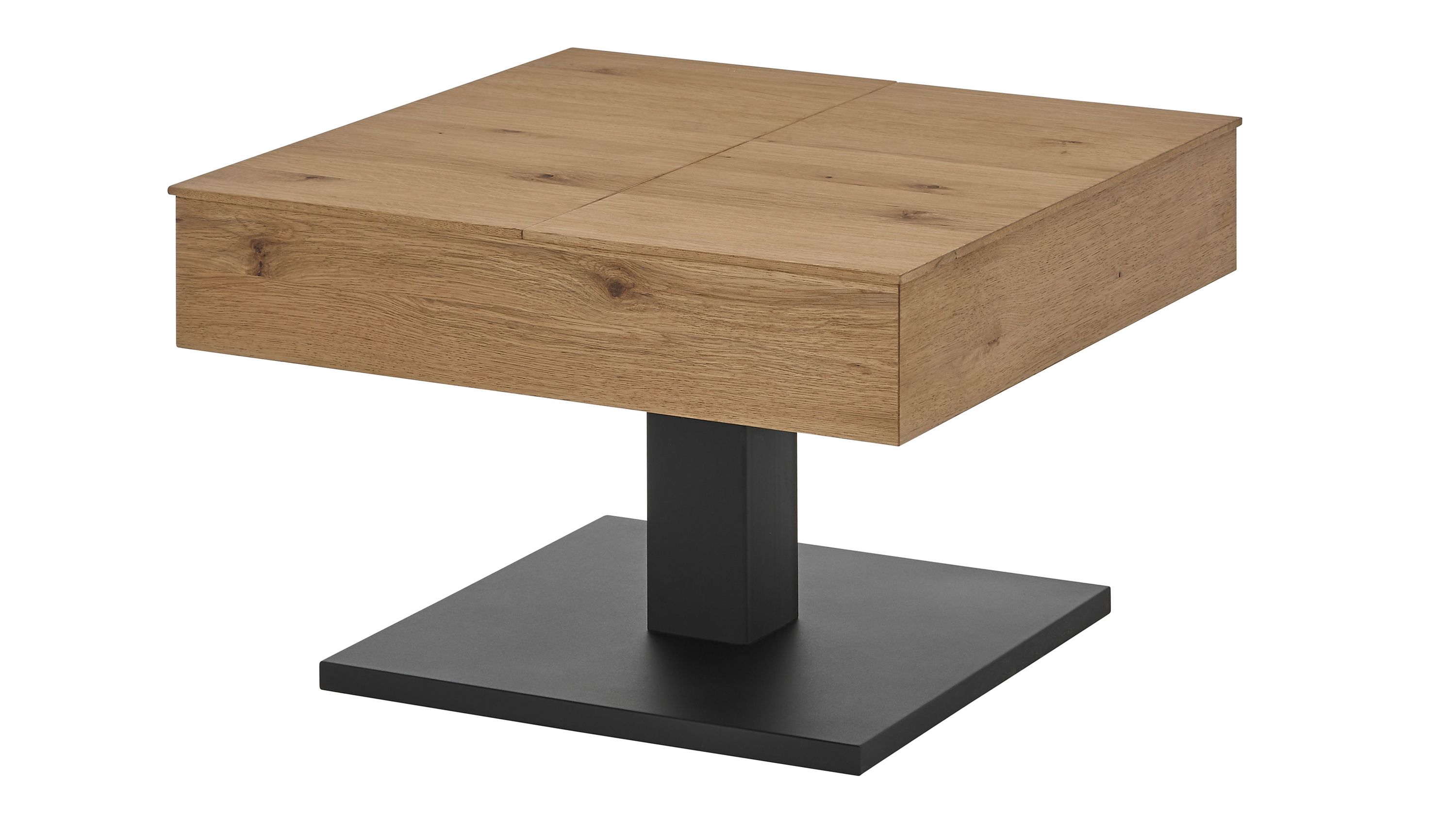 Quadratischer Couchtisch mit Holzplatte in Eicheoptik und schwarzem quadratischem Metallfuß