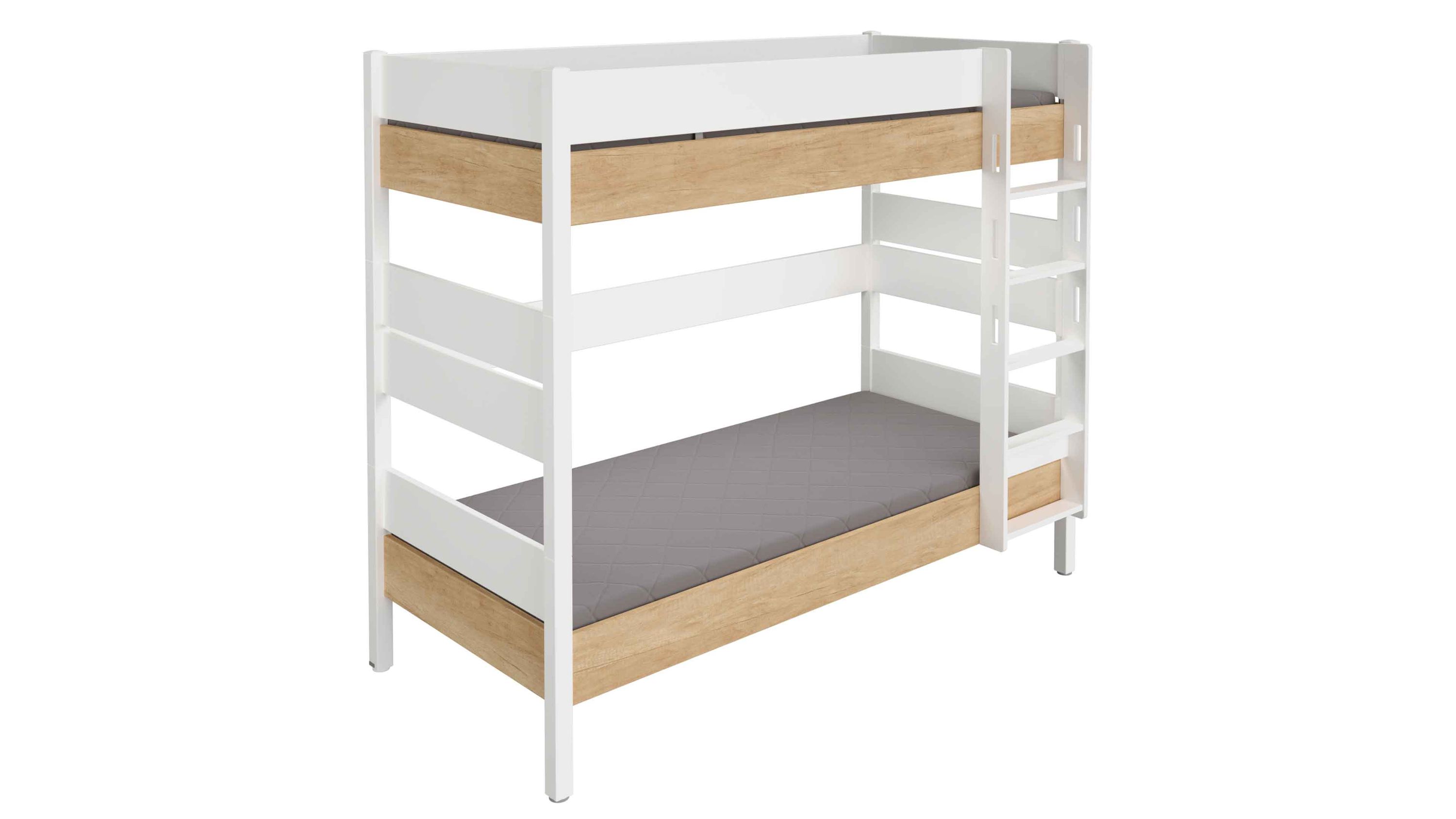 Etagenbett mit gerader Leiter in weiß und holzfarben mit zwei Liegeflächen