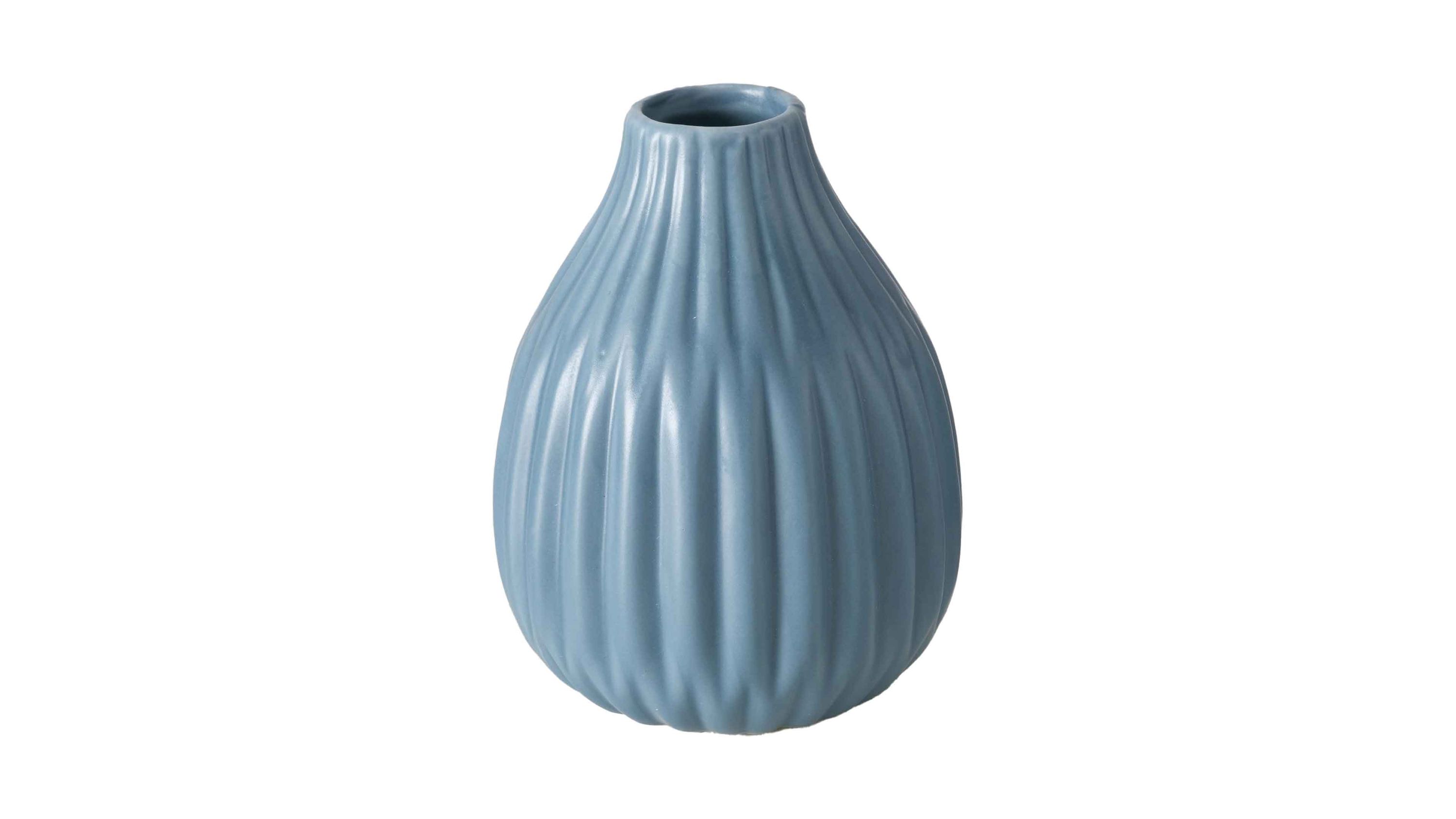 Mattblaue Vase mit geriffelter Oberfläche und bauchiger Form aus Porzellan