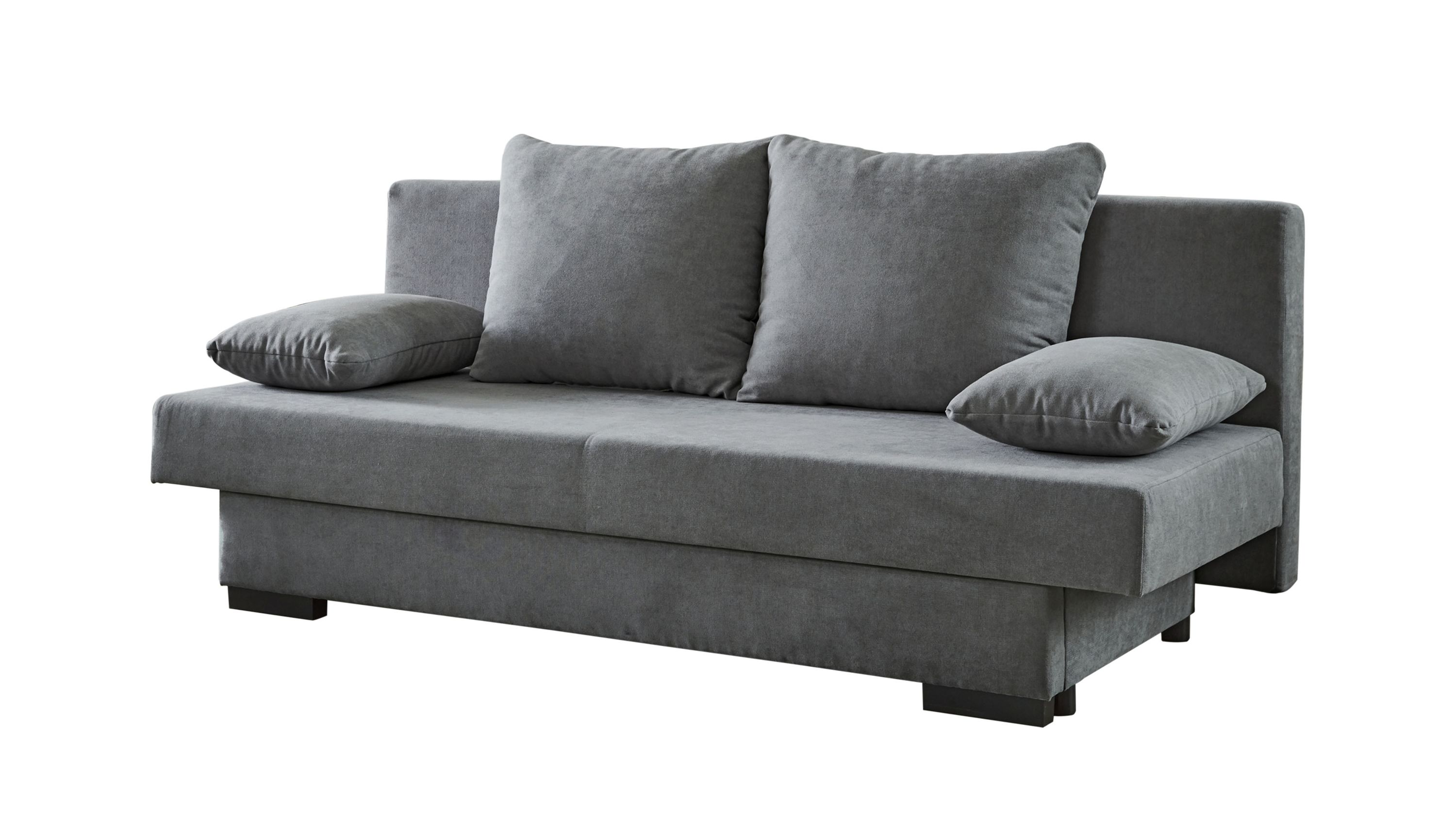 Graues Schlafsofa mit zwei Rückenkissen und zwei Armlehnenkissen auf schwarzen Füßen