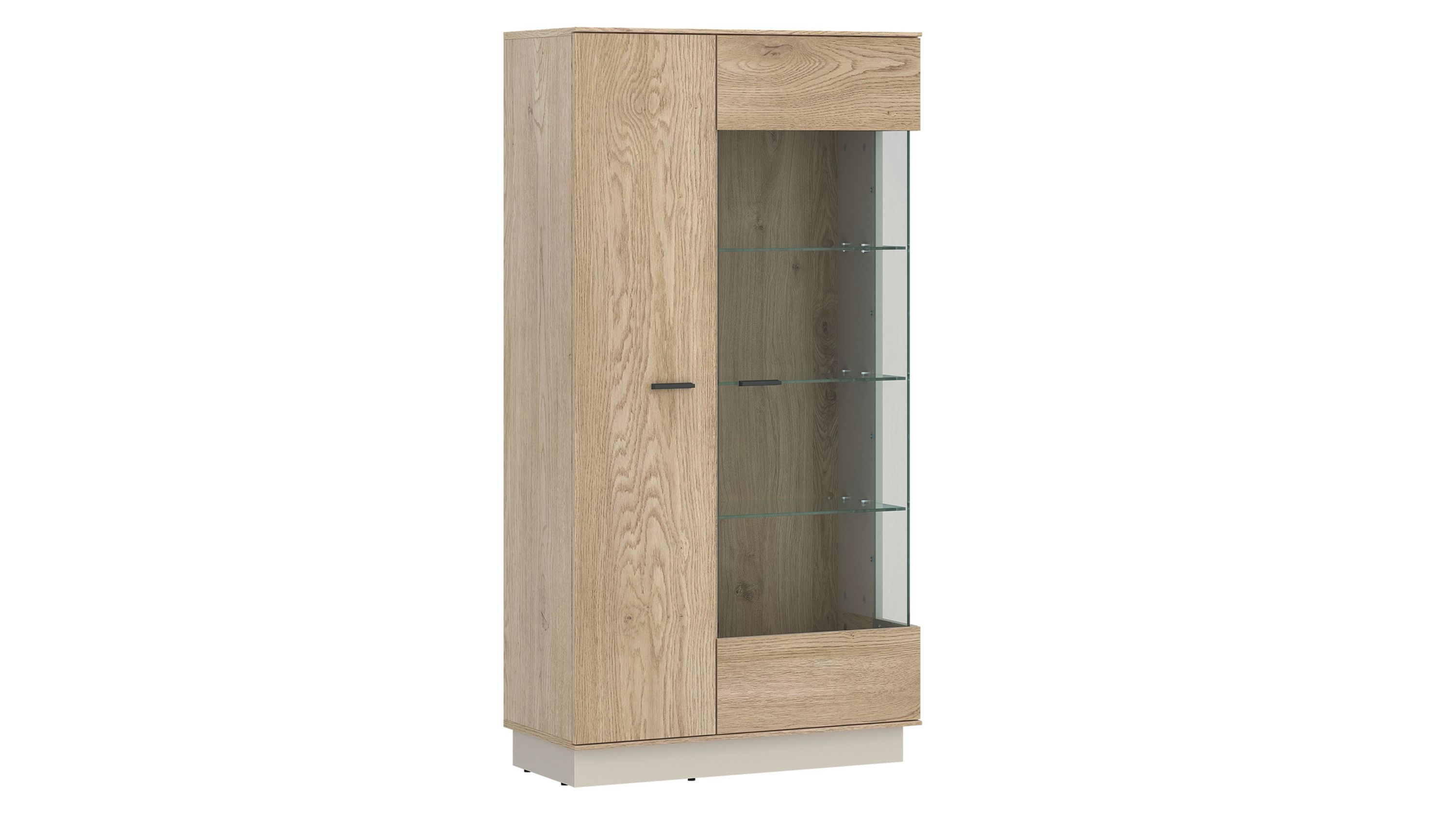 Vitrine mit einer Holztür und einer Glastür mit drei Glasböden hellbraun und weiß