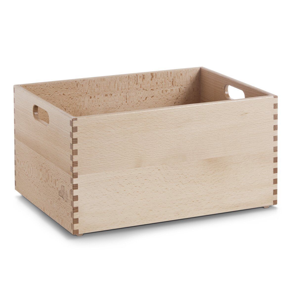 Braune Buche-Holzkiste mit Grifföffnungen Holzkiste braun lackierte Buche Fingerzinken seitliche Grifföffnungen leicht erhöht Vorder- und Oberseite sichtbar