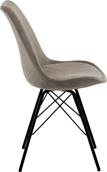 Seitliche Ansicht moderner Esszimmerstuhl mit beigem Schalensitz ergonomisch geformt schwarzes Gestell
