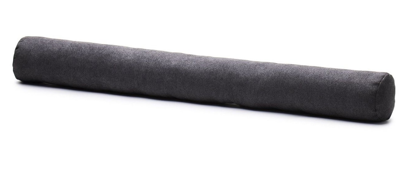 Zylindrischer Zugluftstopper in Anthrazit aus Polyester frontal und leicht von oben fotografiert gesamte Länge sichtbar