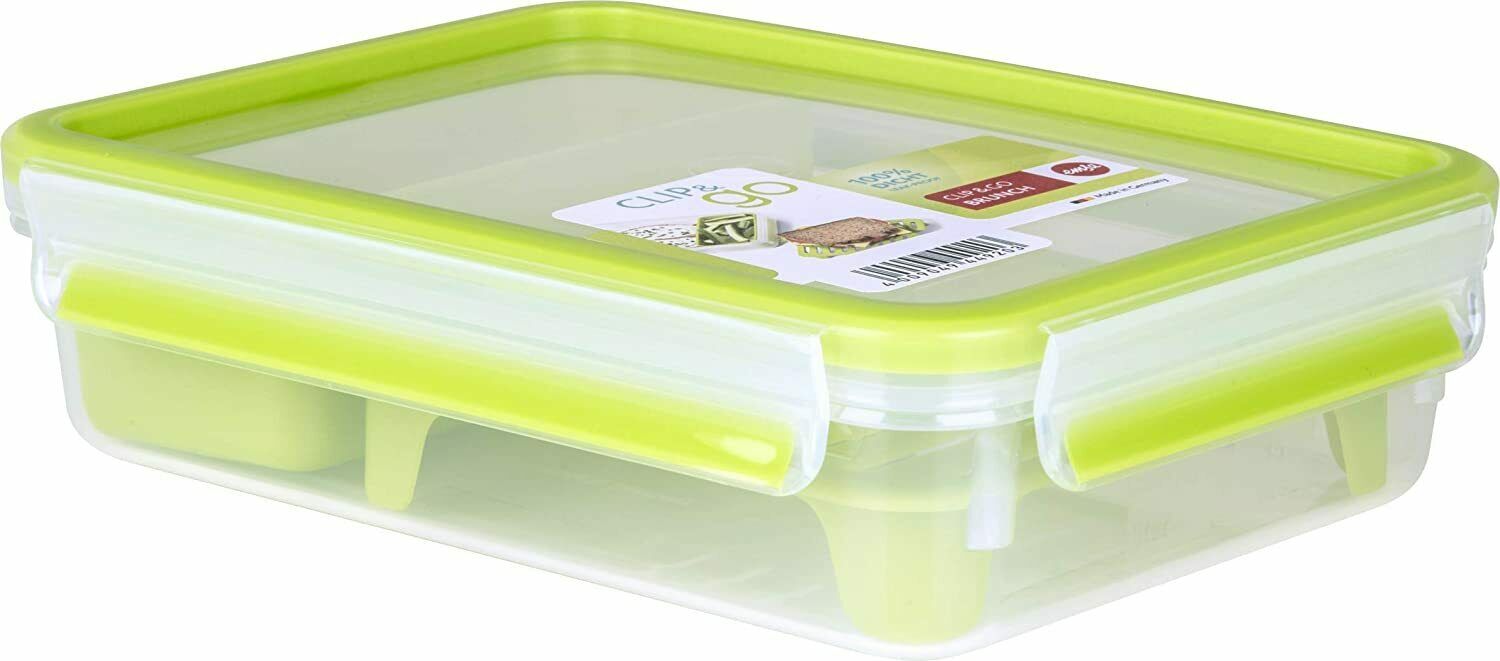 Brunchbox verschlossen  transparent-grün  mit Einsatz und gefülltem Schälchen  rechteckige Lunchbox