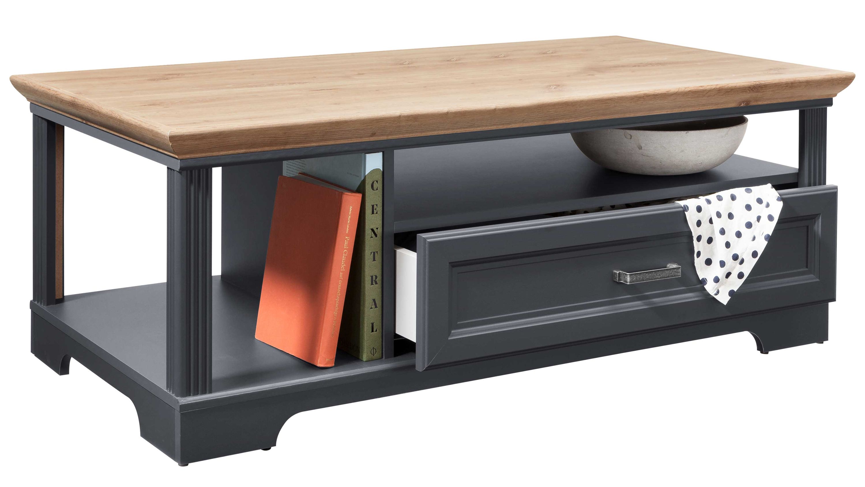 Couchtisch mit Holzplatte und Schublade Rechteckiger Couchtisch mit hellem Holzplatte und dunklem Untergestell mit Schublade und offenem Fach