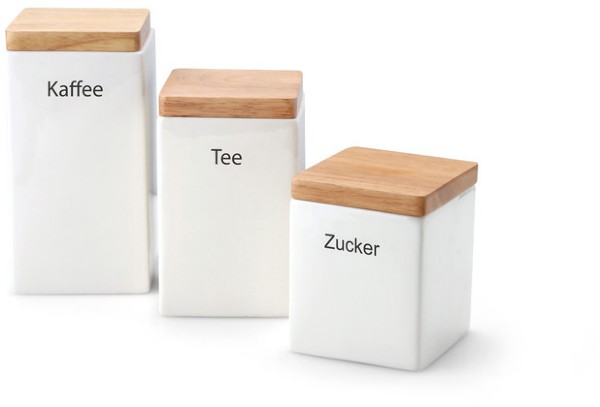 Drei weiße Dosen  quadratisch  mit Holzdeckel  Aufschrift Kaffee  Tee  Zucker