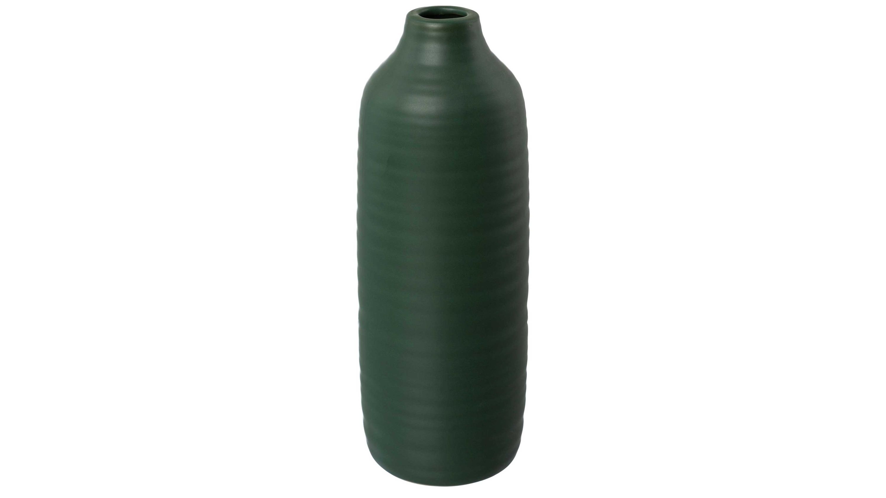 Dunkelgrüne schlanke Vase mit geriffelter Oberfläche Dunkelgrüne schlanke Vase mit schmalem Hals und geriffelter Oberfläche