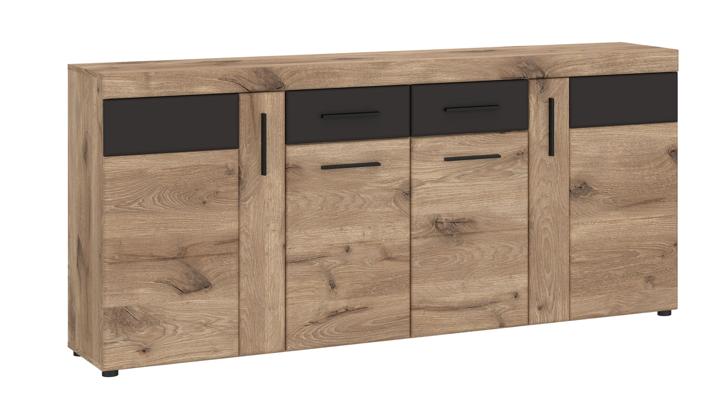 Sideboard mit vier Türen und zwei Schubladen in Holzoptik und grauen Fronten
