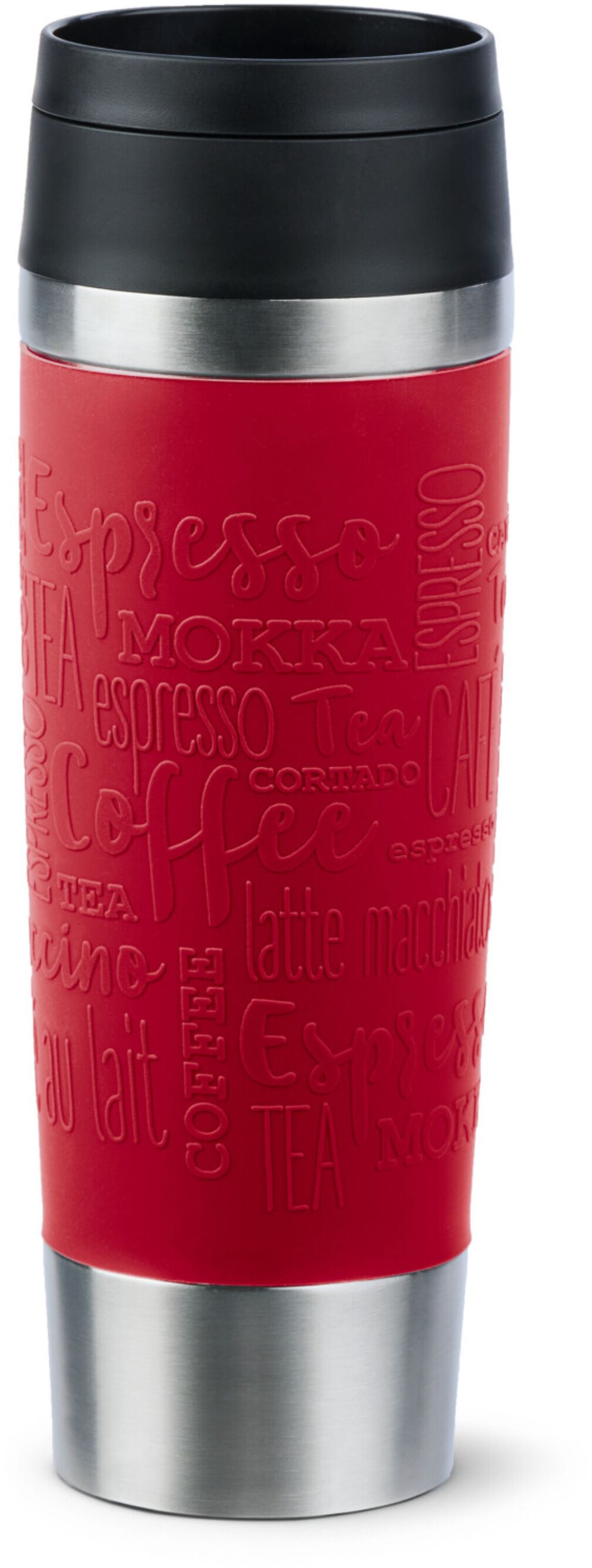 Roter Thermobecher mit Kaffeeprägungen– stilvoller Becher mit rutschfester Struktur Thermobecher frontal mit rotem Kaffeeprägungen schwarzem Deckel aus Augenhöhe aufgenommen